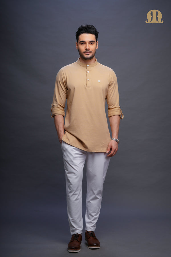 Asticus Knitted Short Kurta Payjama Set Beige Men
