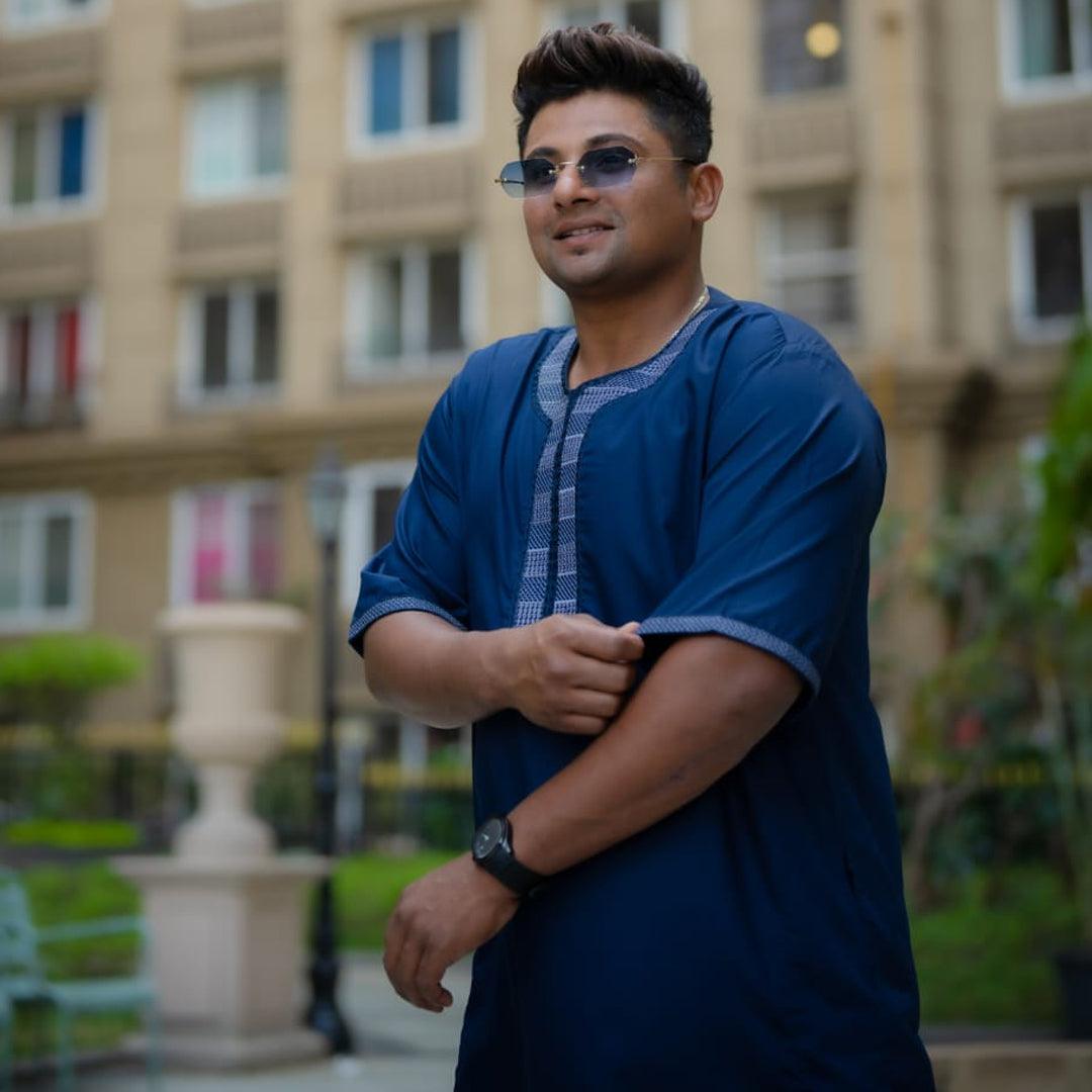 Parilla Navy Blue Half Sleeve Thobe - Mashroo