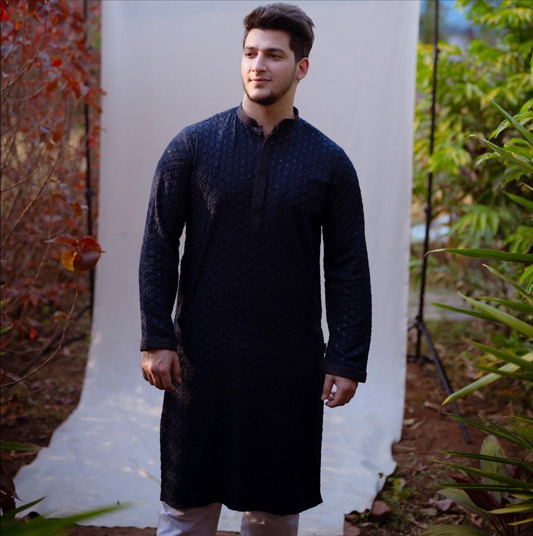 Haydos Chikan Kari Kurta Set Navy Men - Mashroo