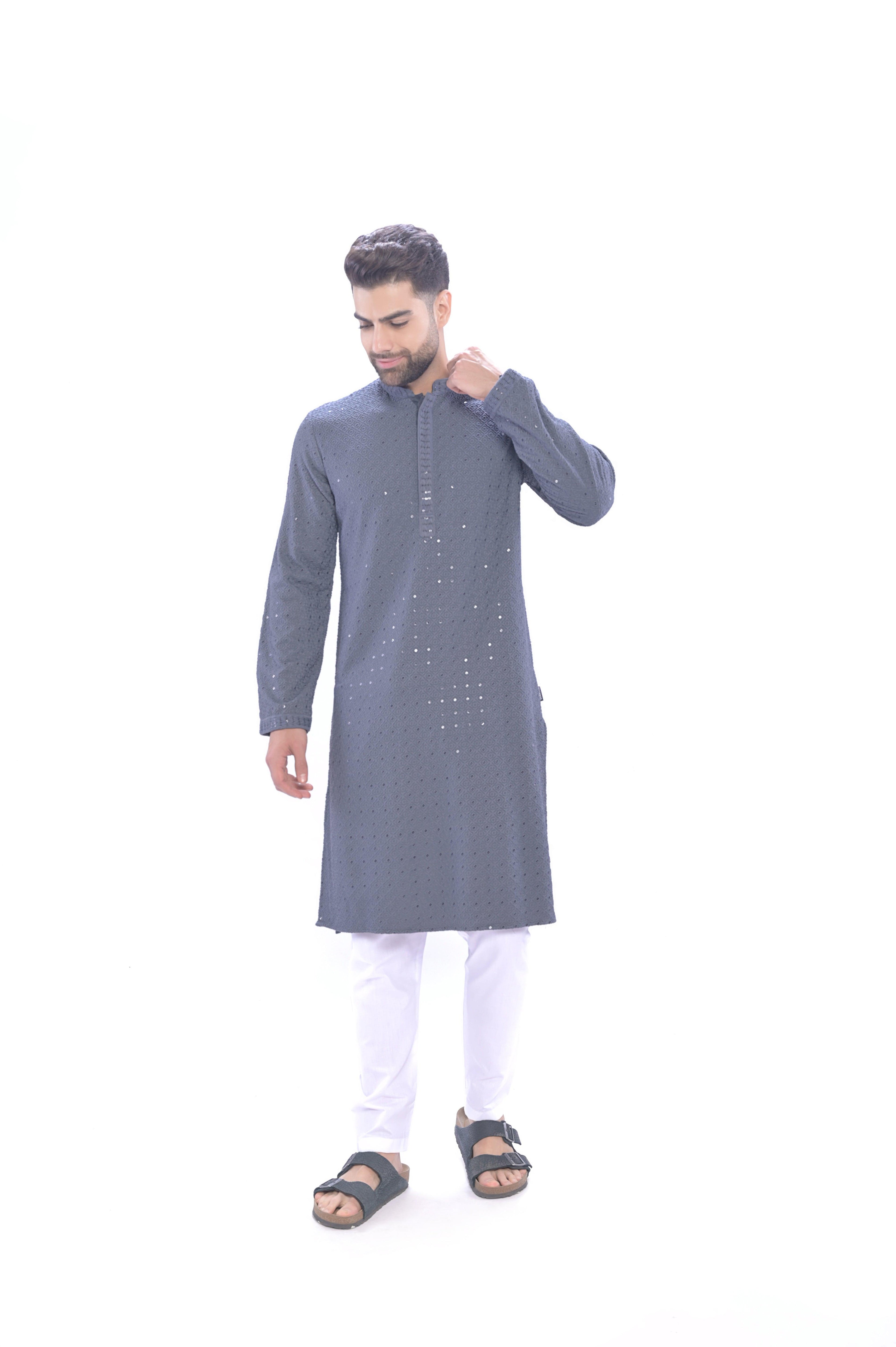 Haydos Chikan Kari Kurta Set Grey Men - Mashroo