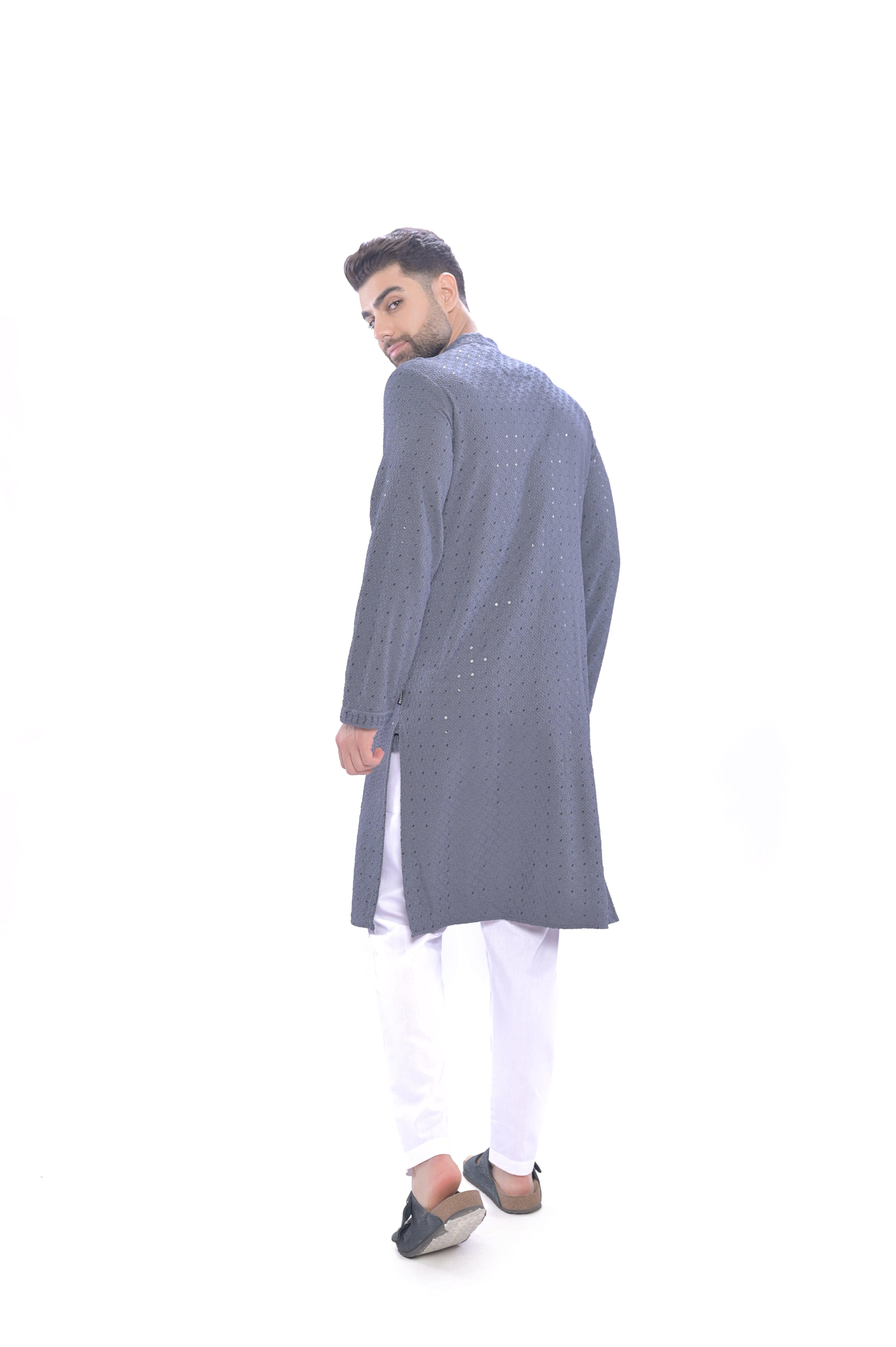 Haydos Chikan Kari Kurta Set Grey Men - Mashroo