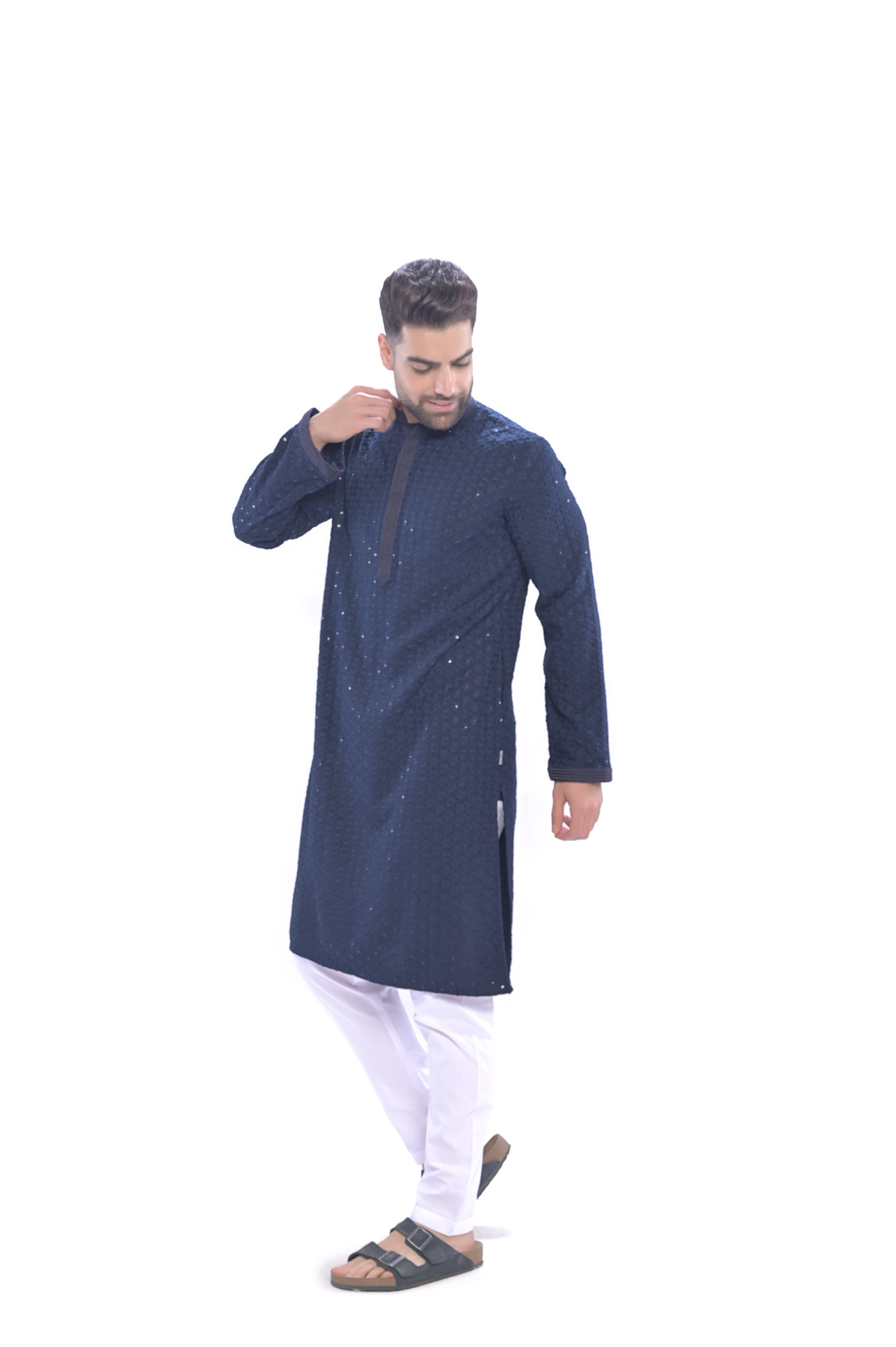 Haydos Chikan Kari Kurta Set Navy Men - Mashroo