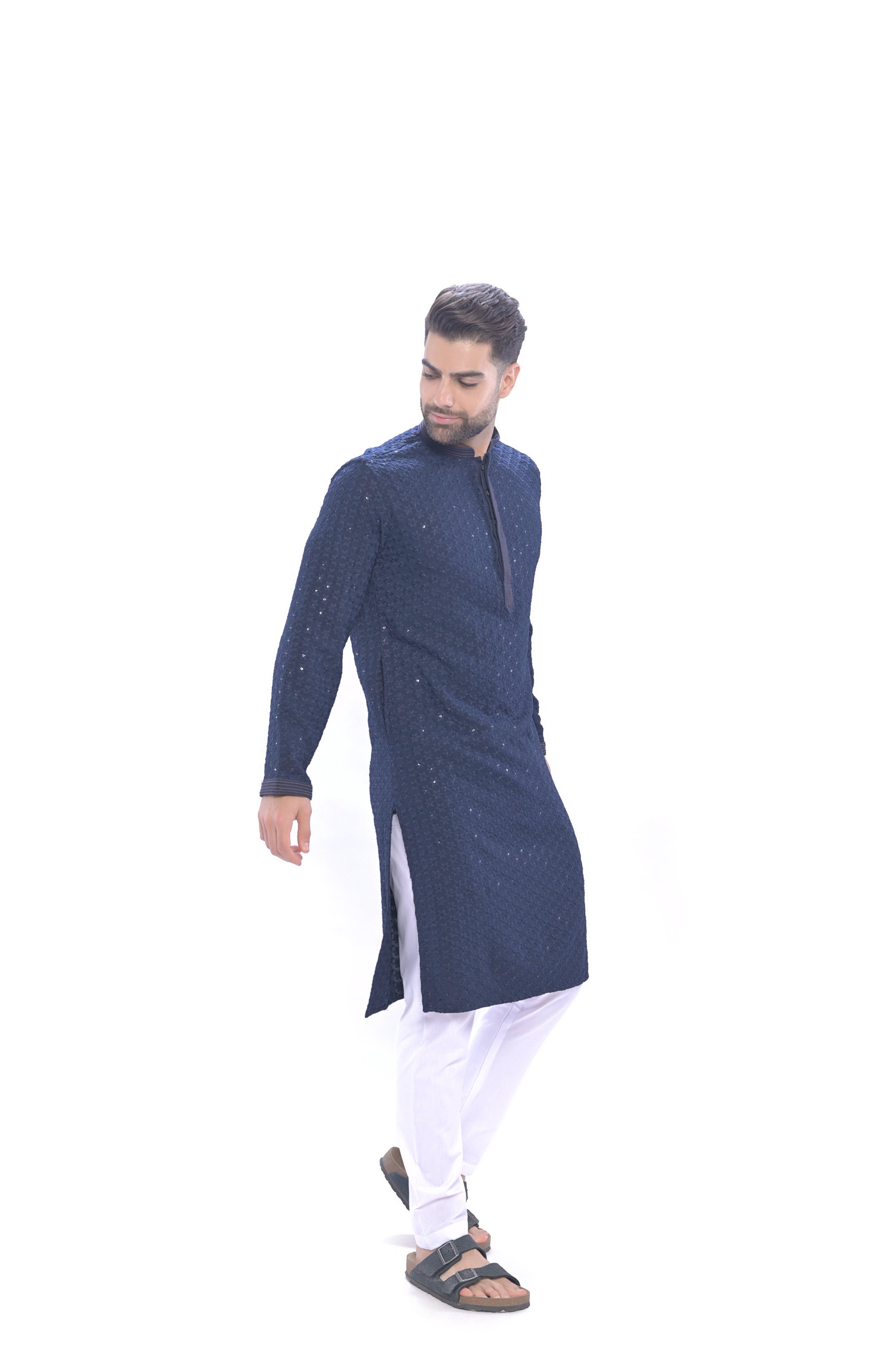 Haydos Chikan Kari Kurta Set Navy Men - Mashroo