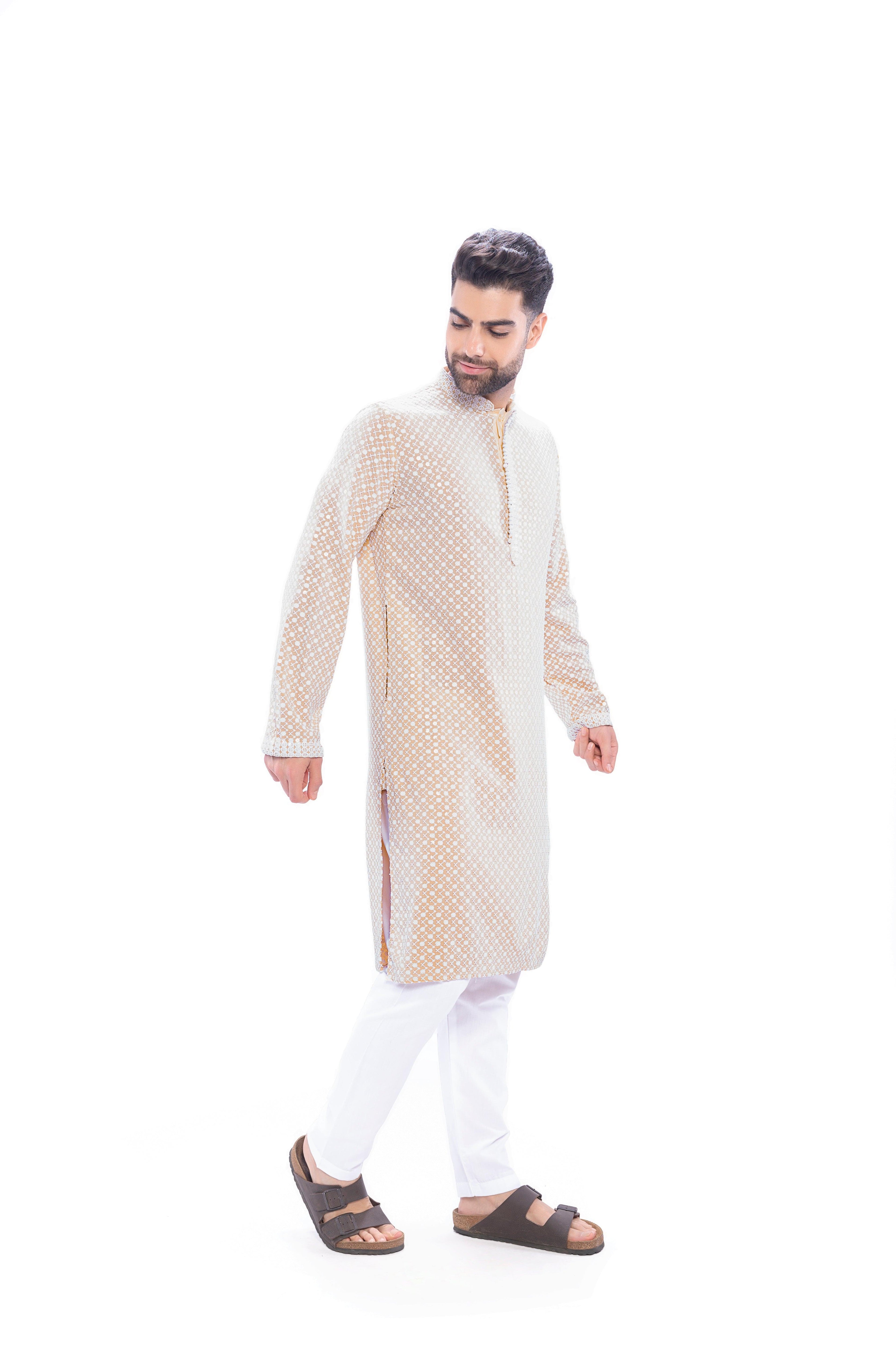 Haydos Chikan Kari Kurta Set Beige Men - Mashroo