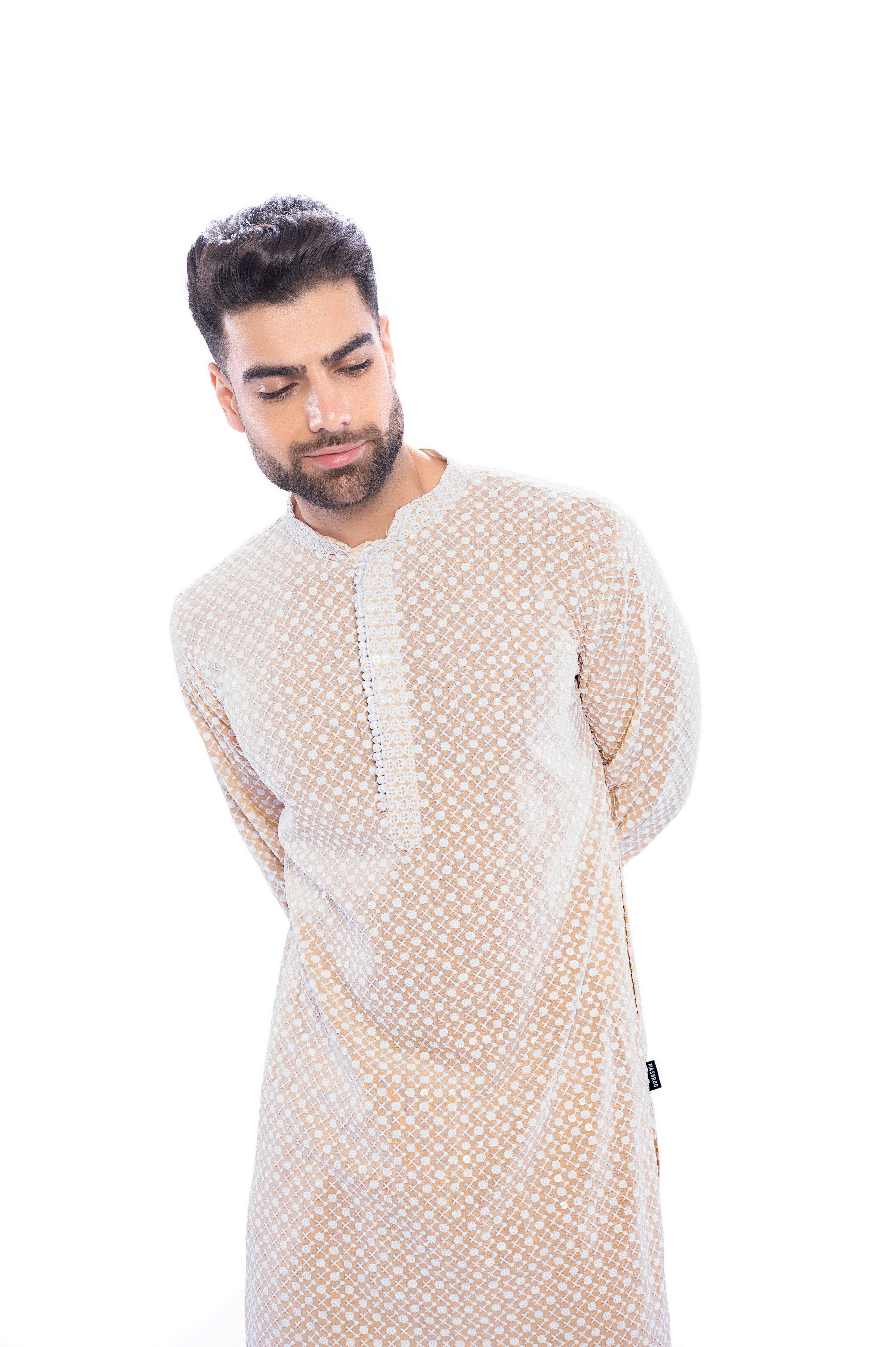 Haydos Chikan Kari Kurta Set Beige Men - Mashroo
