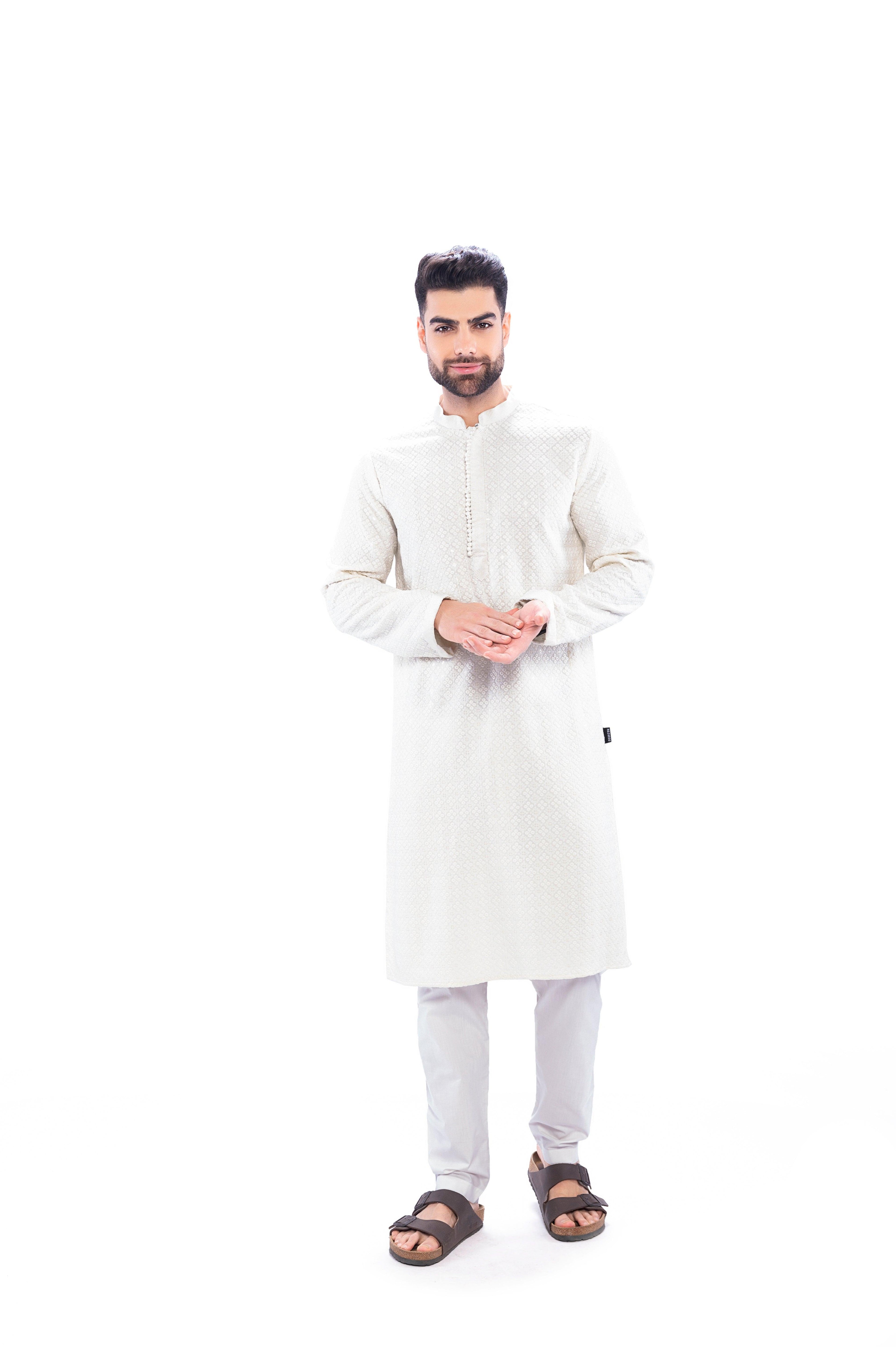 Haydos Chikan Kari Kurta Set White Men - Mashroo