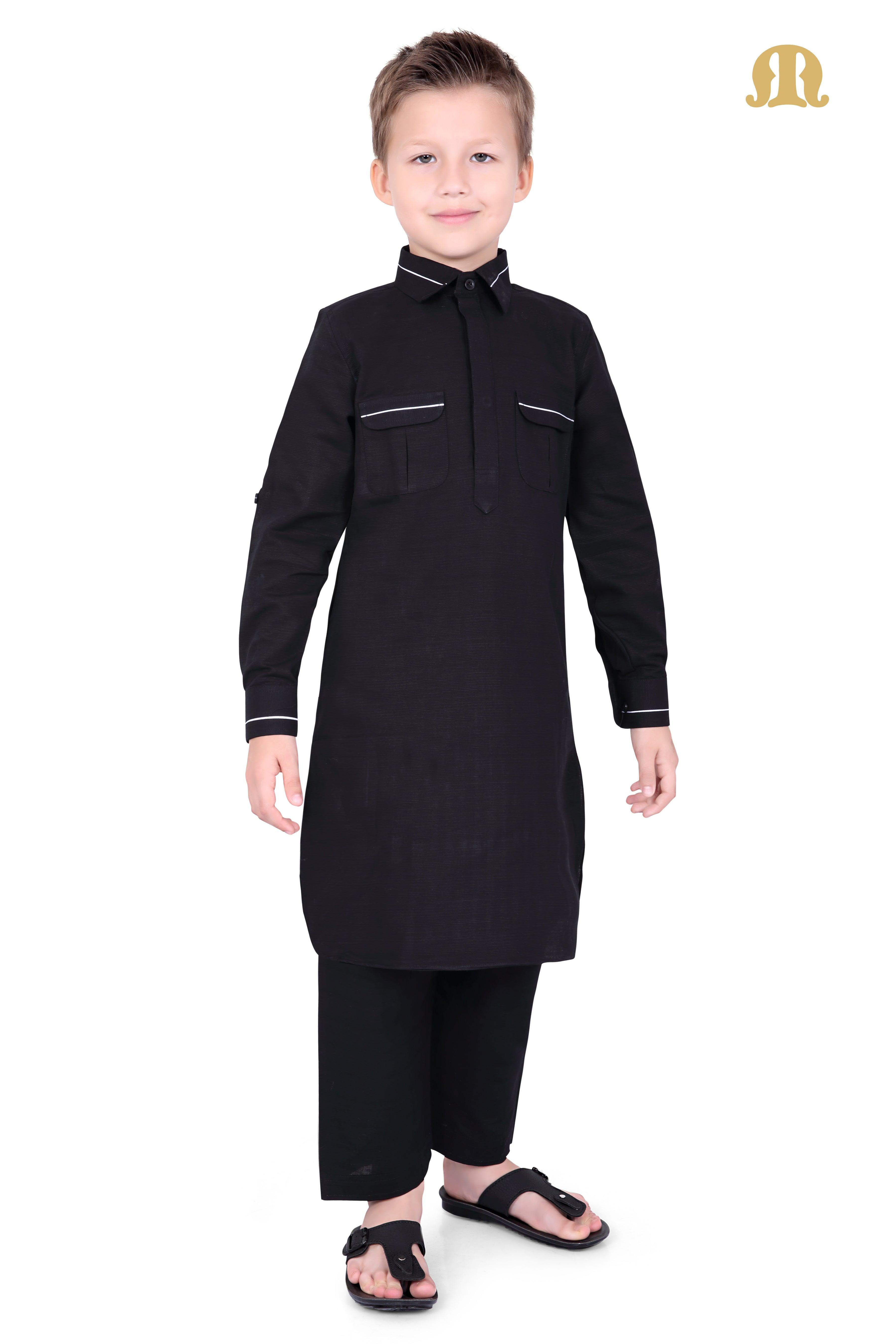 Black Riwaya Pathani Suit for Kids - Mashroo