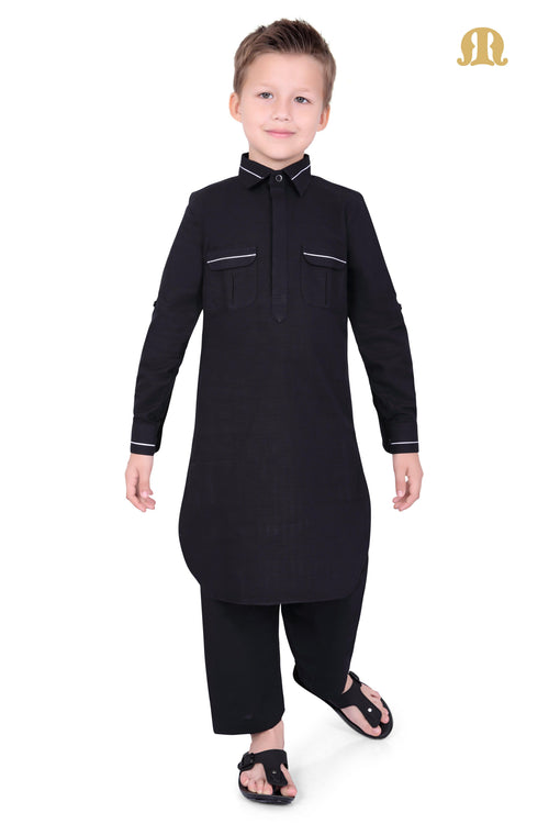 Black Riwaya Pathani Suit for Kids