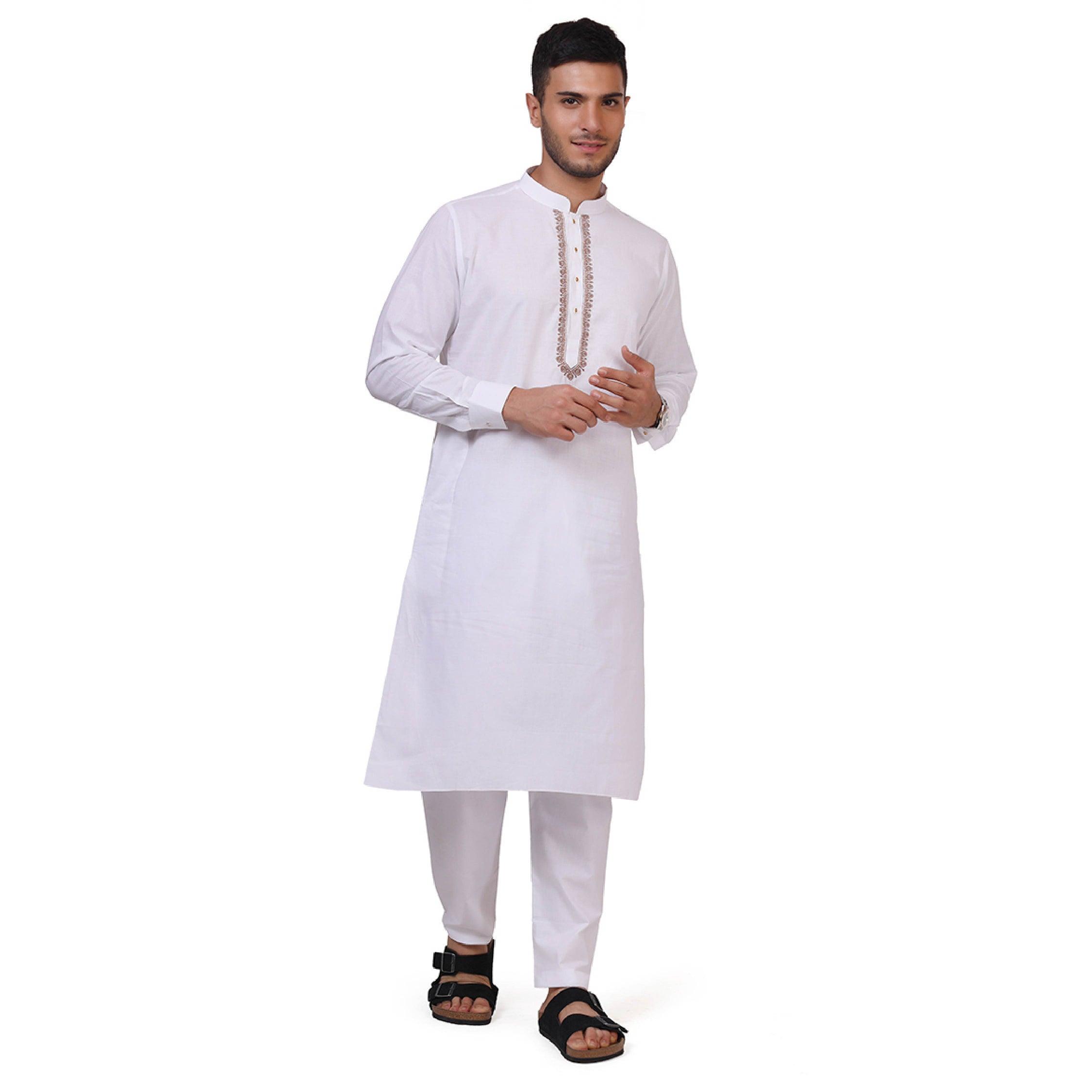 White & Brown Grazia Embroidered Kurta for Men - Mashroo