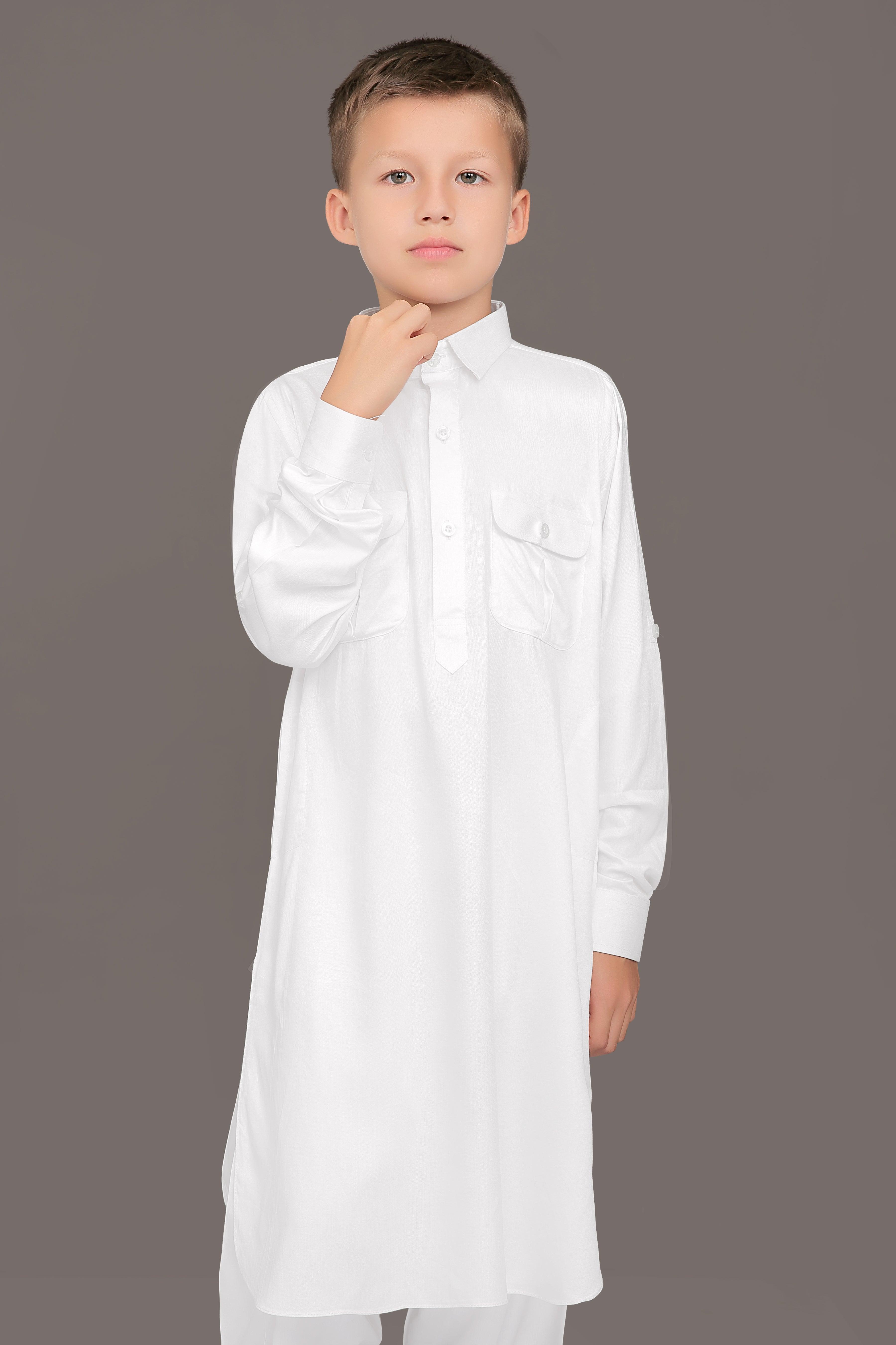 Oday White Pathani Suit for Kids - Mashroo