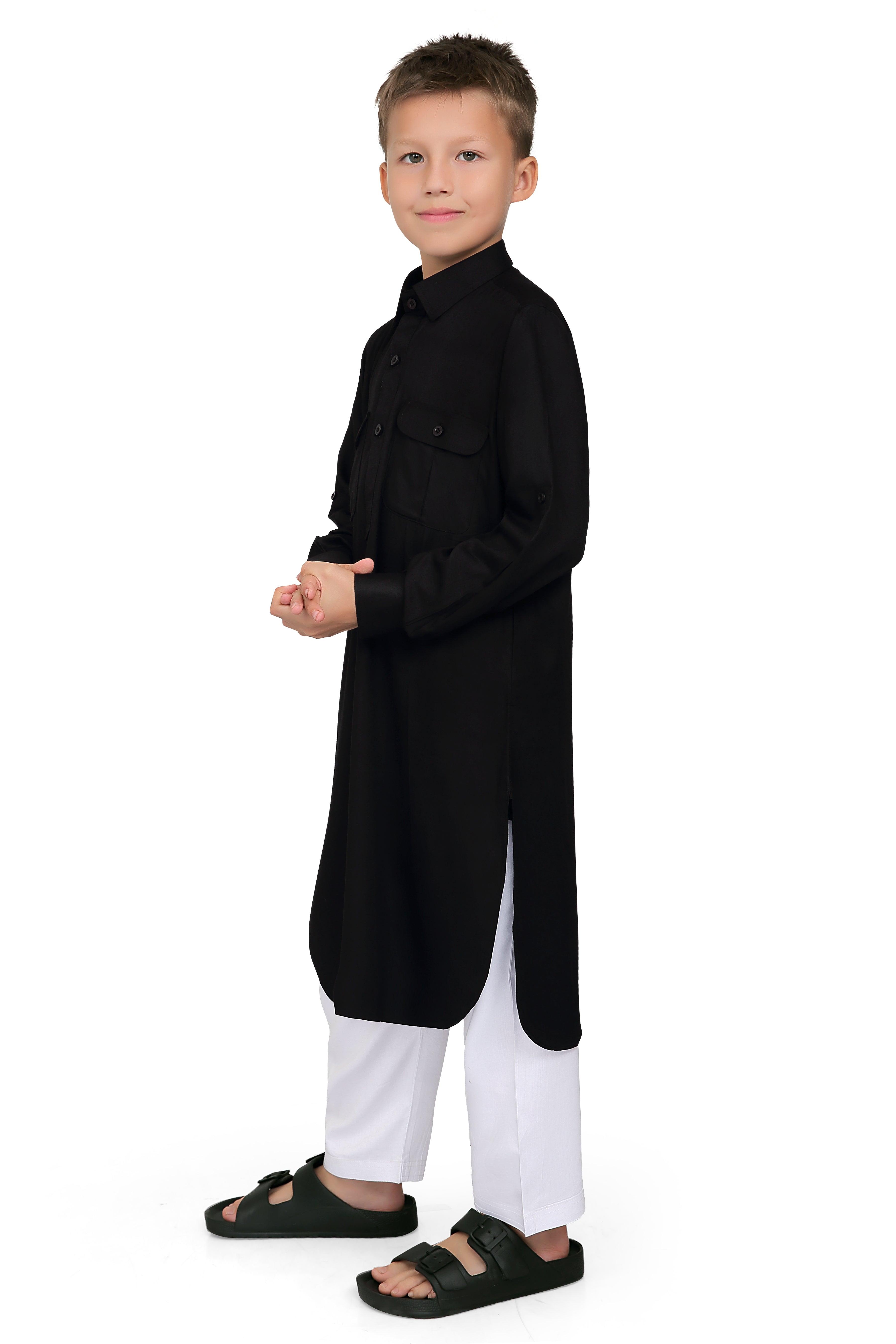 Oday Black Pathani Suit for Kids - Mashroo