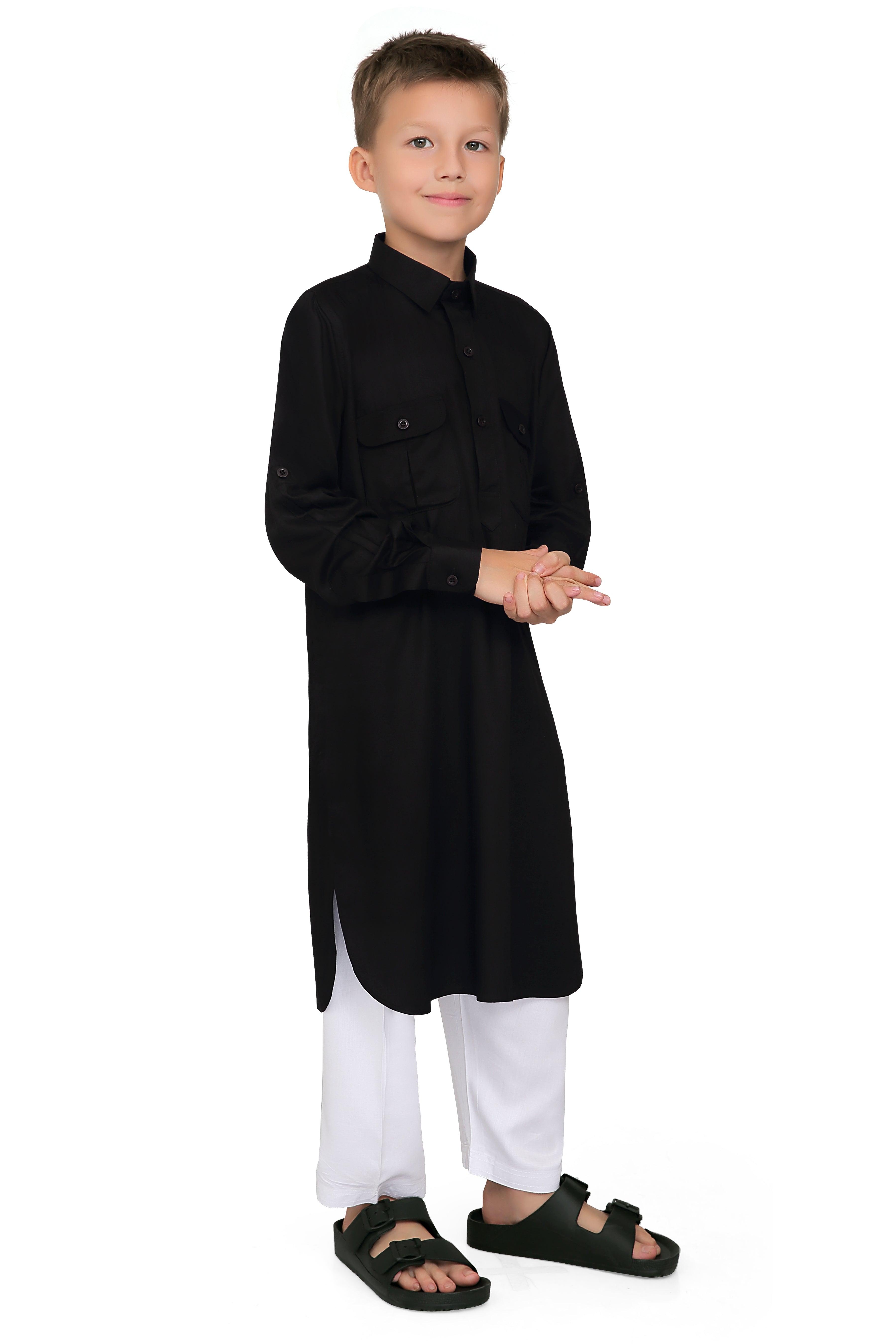 Oday Black Pathani Suit for Kids - Mashroo