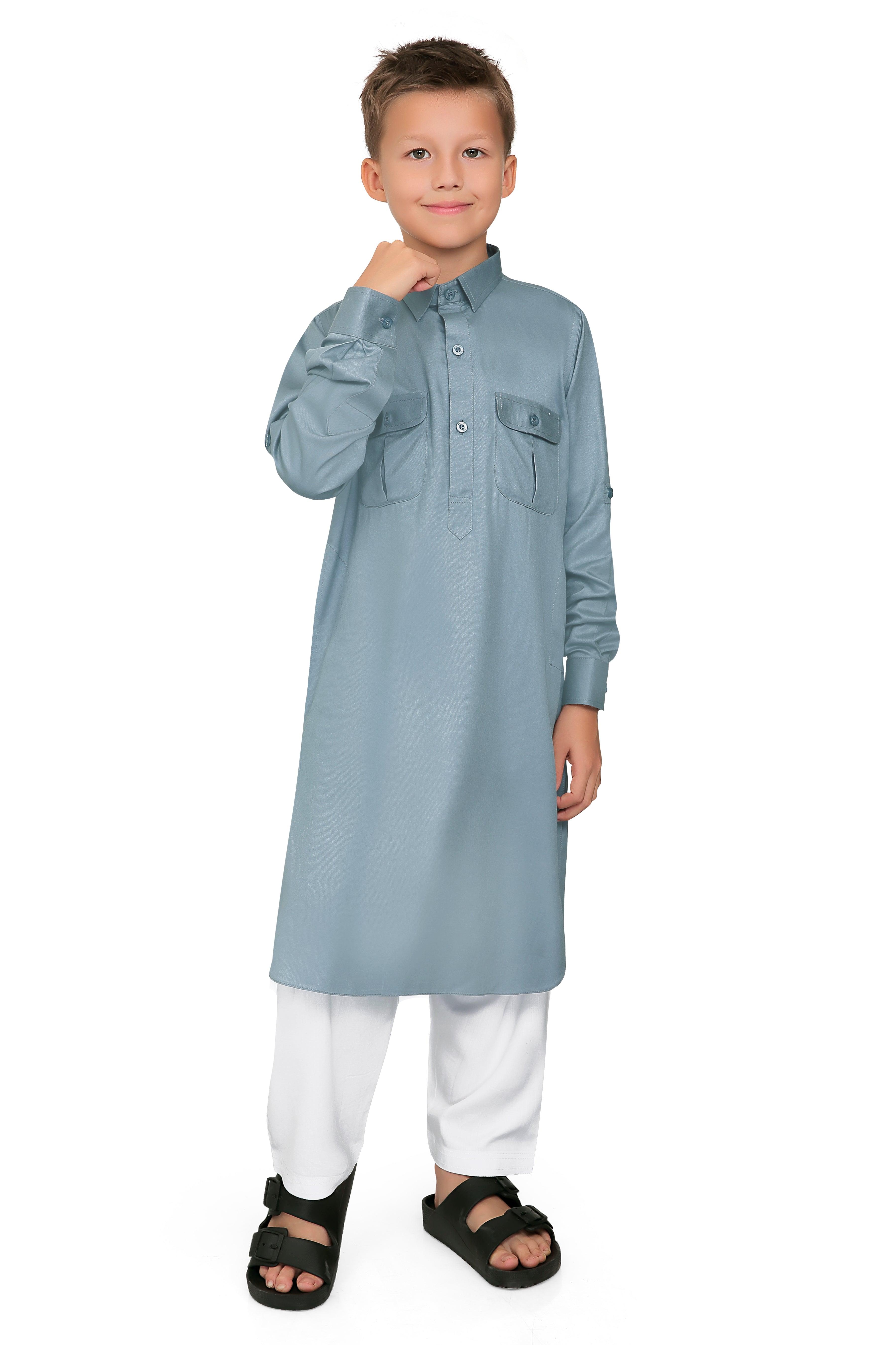 Oday Grey Pathani Suit for Kids - Mashroo
