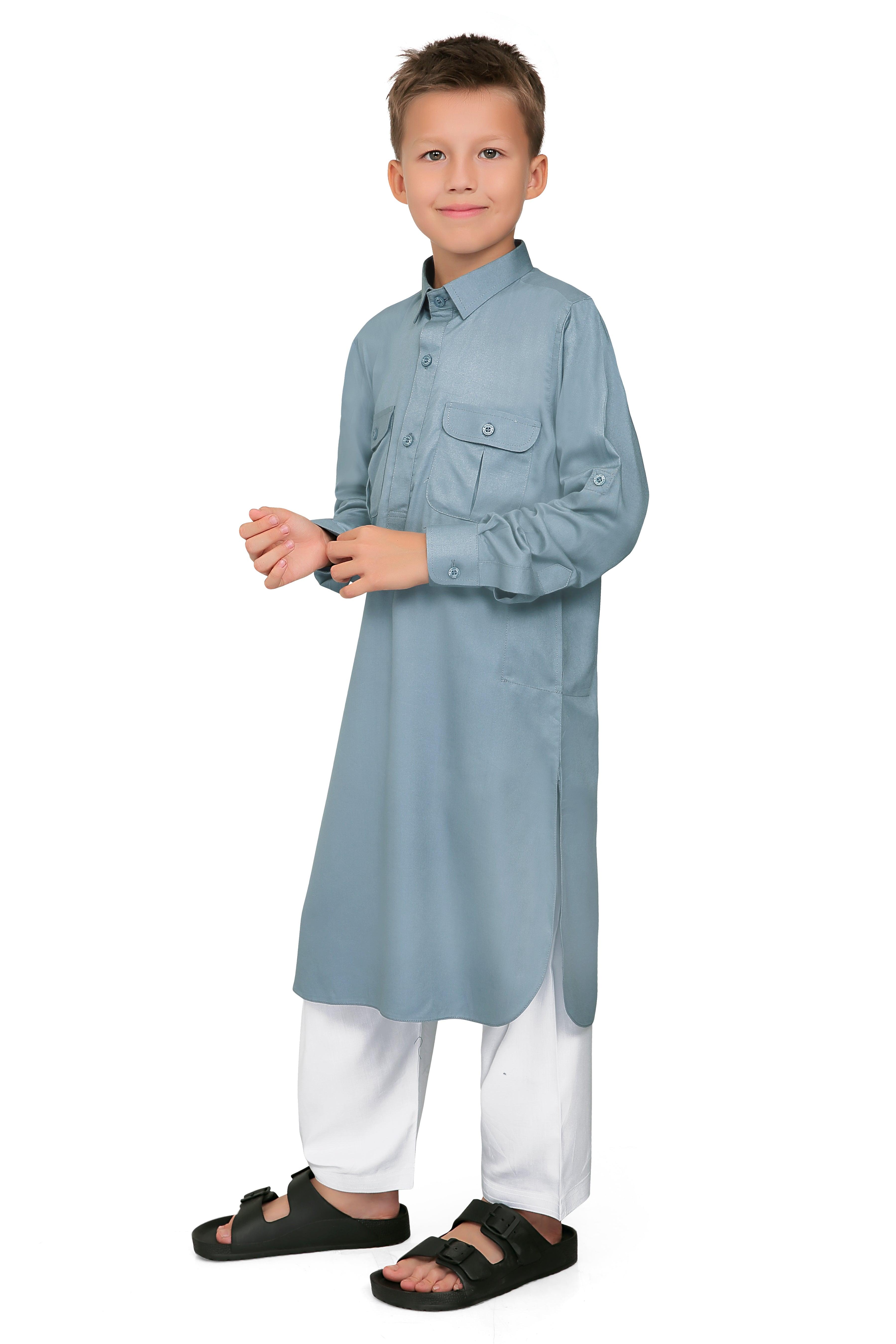 Oday Grey Pathani Suit for Kids - Mashroo