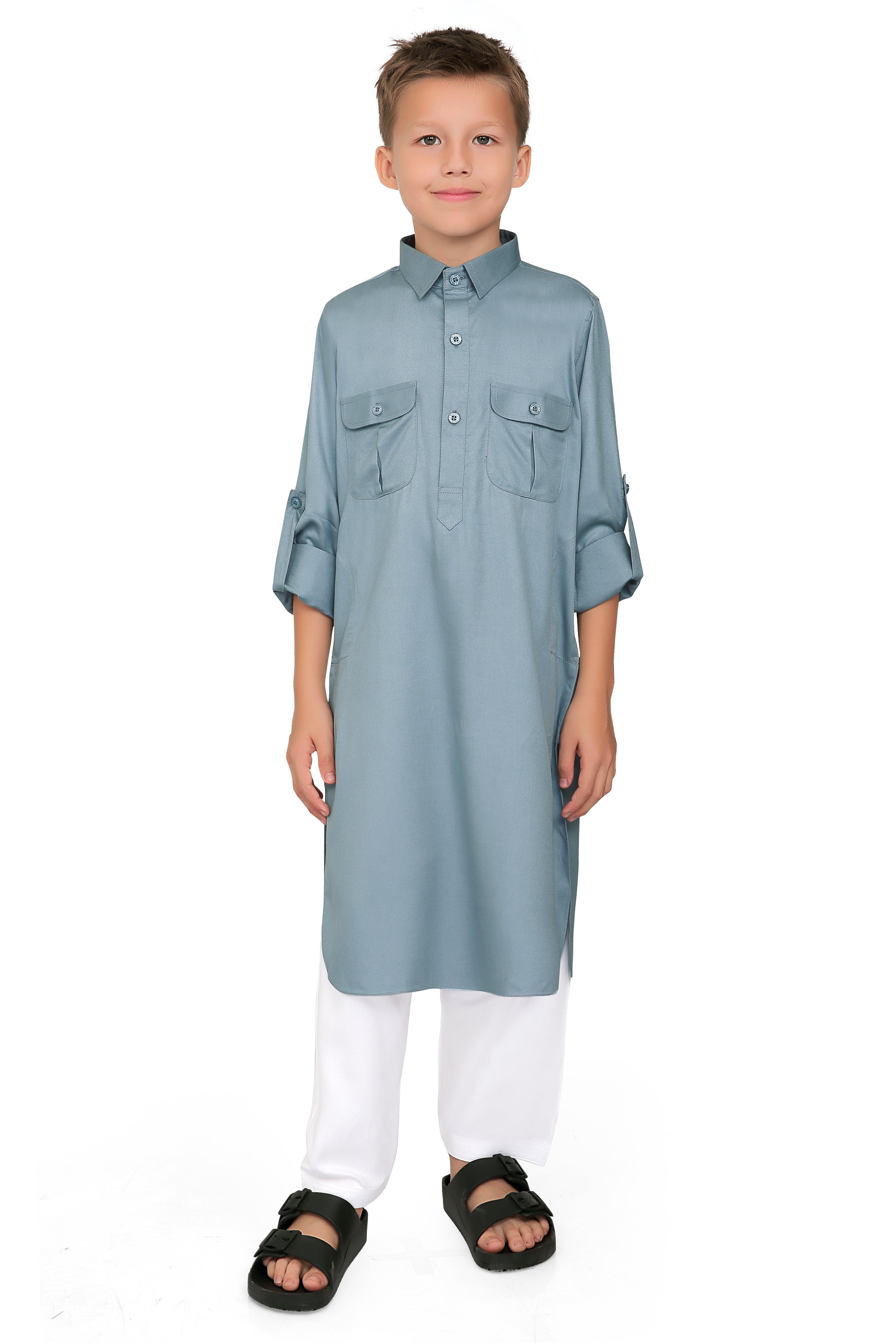Oday Grey Pathani Suit for Kids - Mashroo