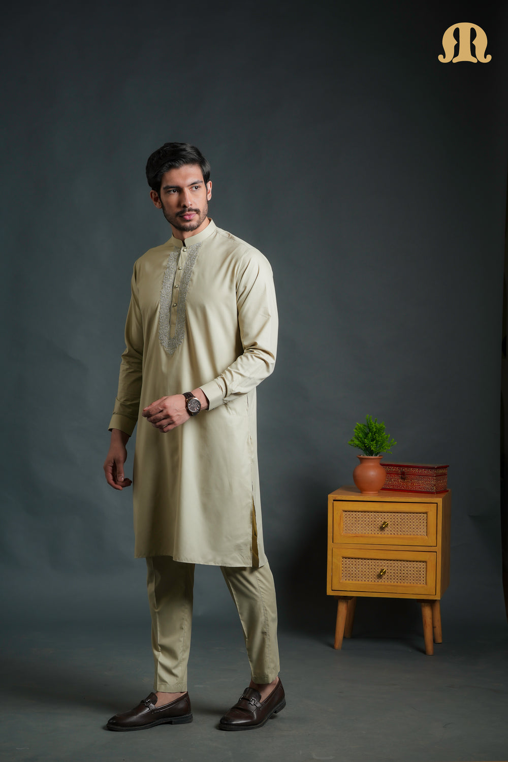 Sobrio Embroidered Light Green Kurta Set Men