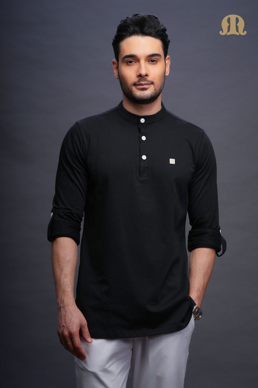 Asticus Knitted Short Kurta Black Men