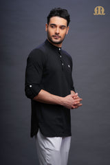 Asticus Knitted Short Kurta Black Men