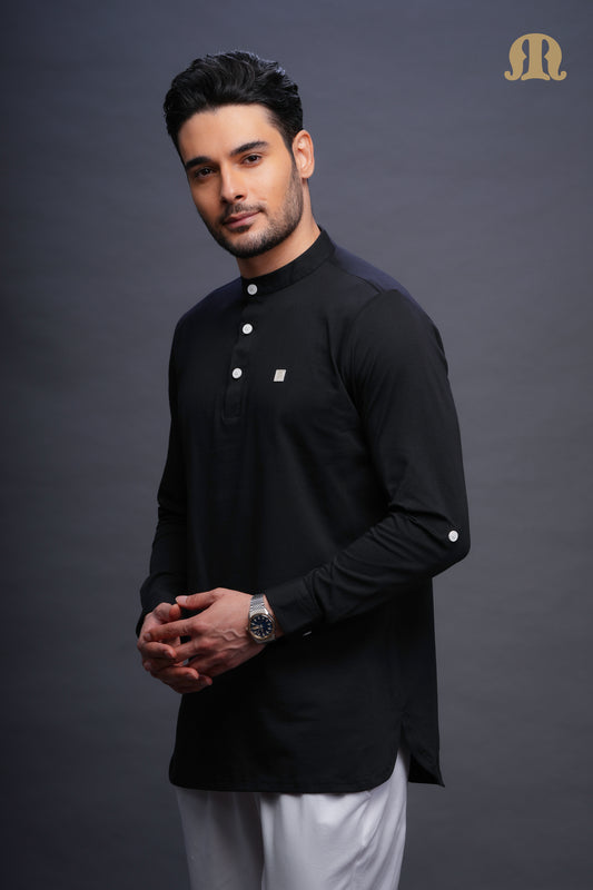 Asticus Knitted Short Kurta Payjama Set Black Men