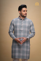 Oxen Checks Kurta Grey Men