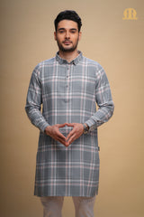 Oxen Checks Kurta Grey Men