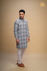 Oxen Checks Kurta Grey Men