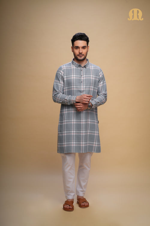 Oxen Checks Kurta Grey Set Men