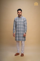 Oxen Checks Kurta Grey Men