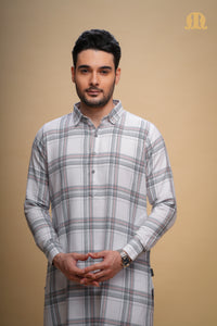 पुरुषों के लिए ऑक्सन चेक कुर्ता सफेद सेट