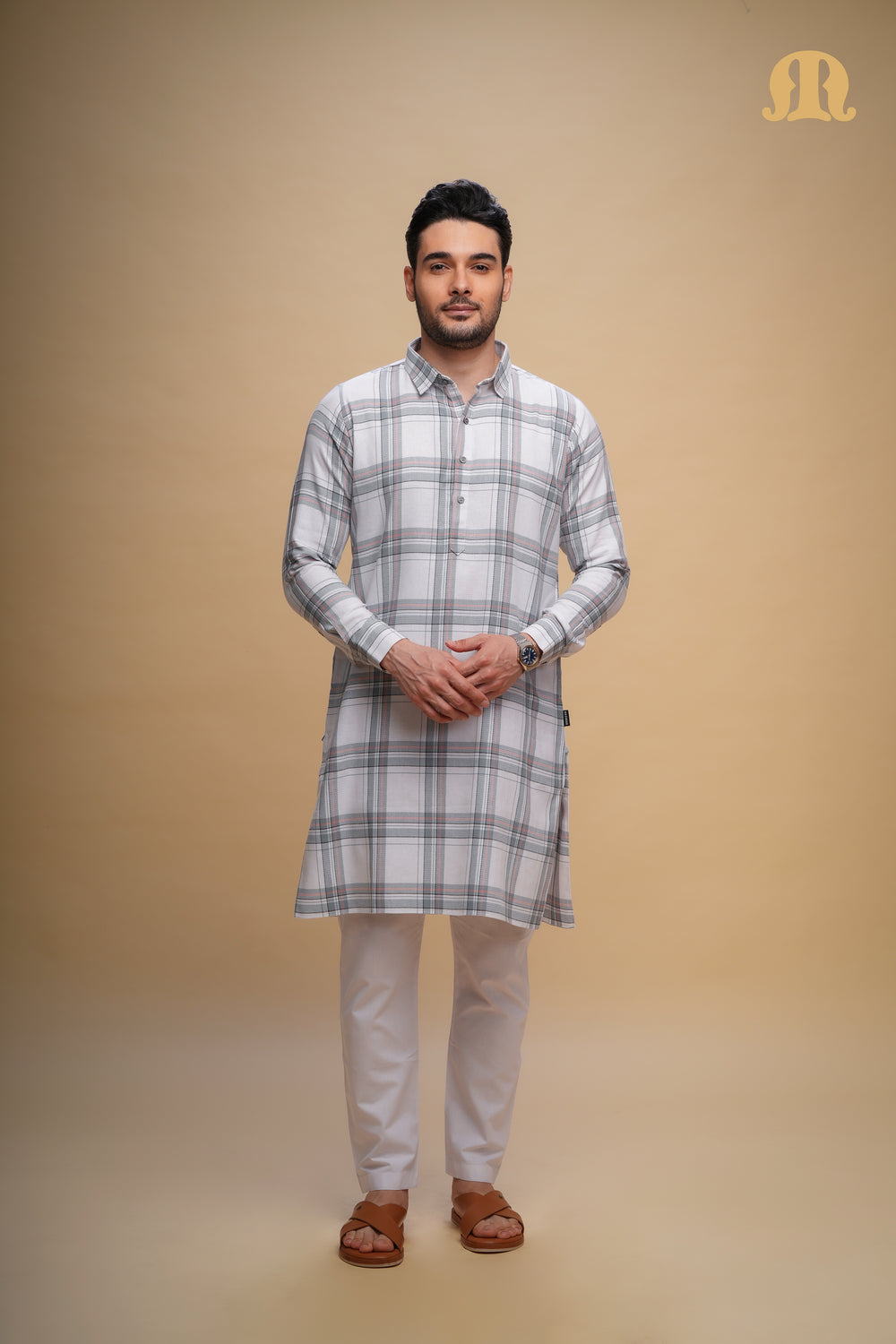 पुरुषों के लिए ऑक्सन चेक कुर्ता सफेद सेट