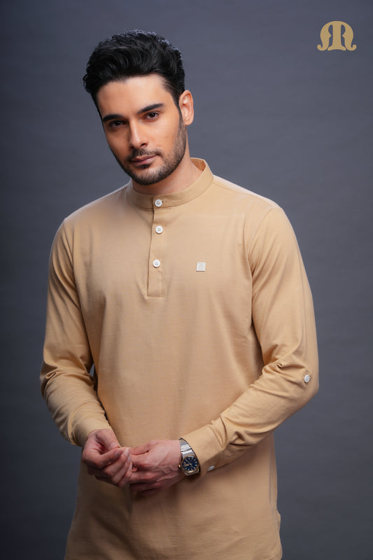 Asticus Knitted Short Kurta Payjama Set Beige Men