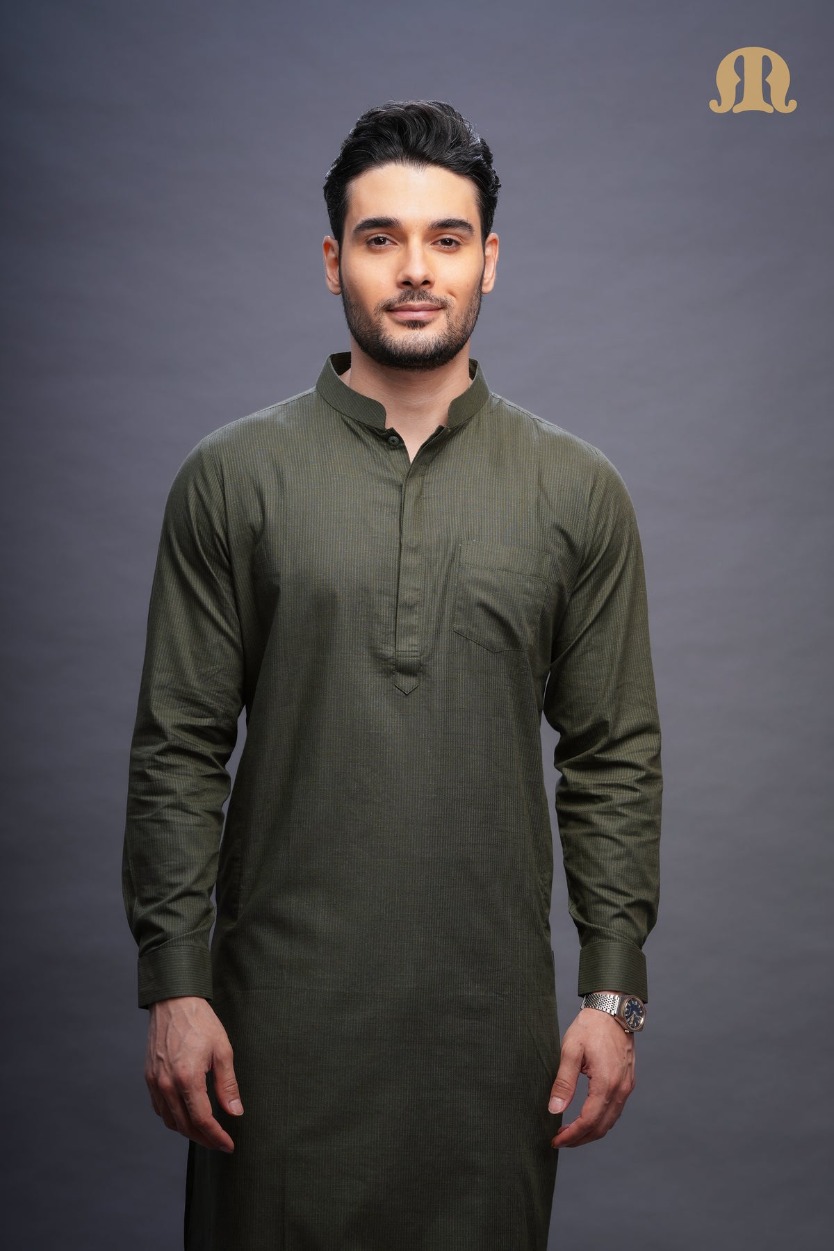 Rusal Stripe Kurta Green Men