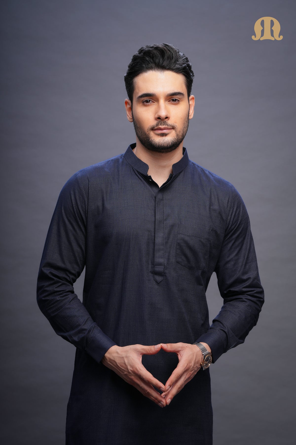 Rusal Stripe Kurta Navy Men