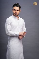 Rusal Stripe Kurta White Men