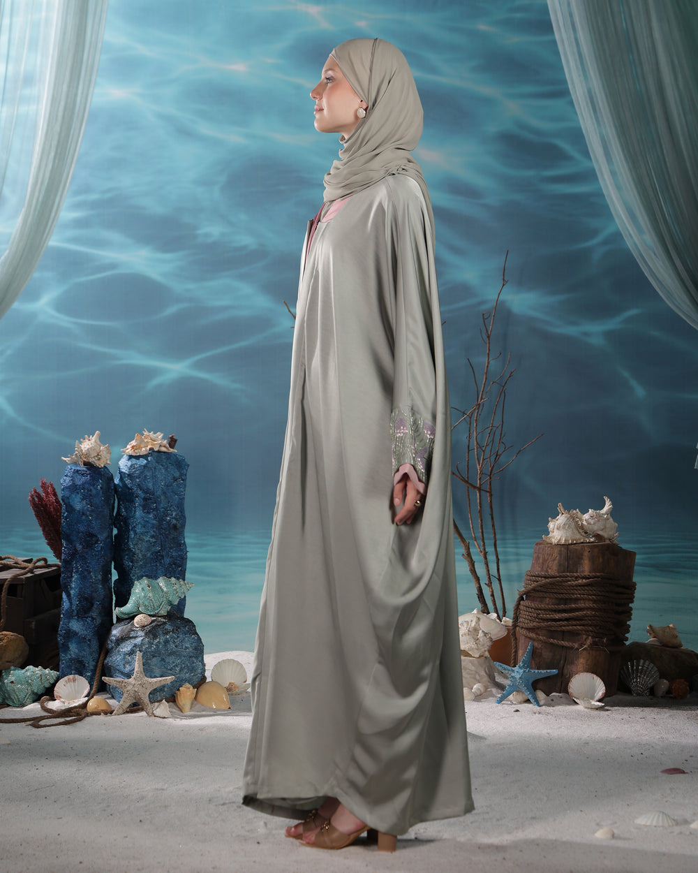 Verna Kaftan | Matcha Green with Soft Pink Accents