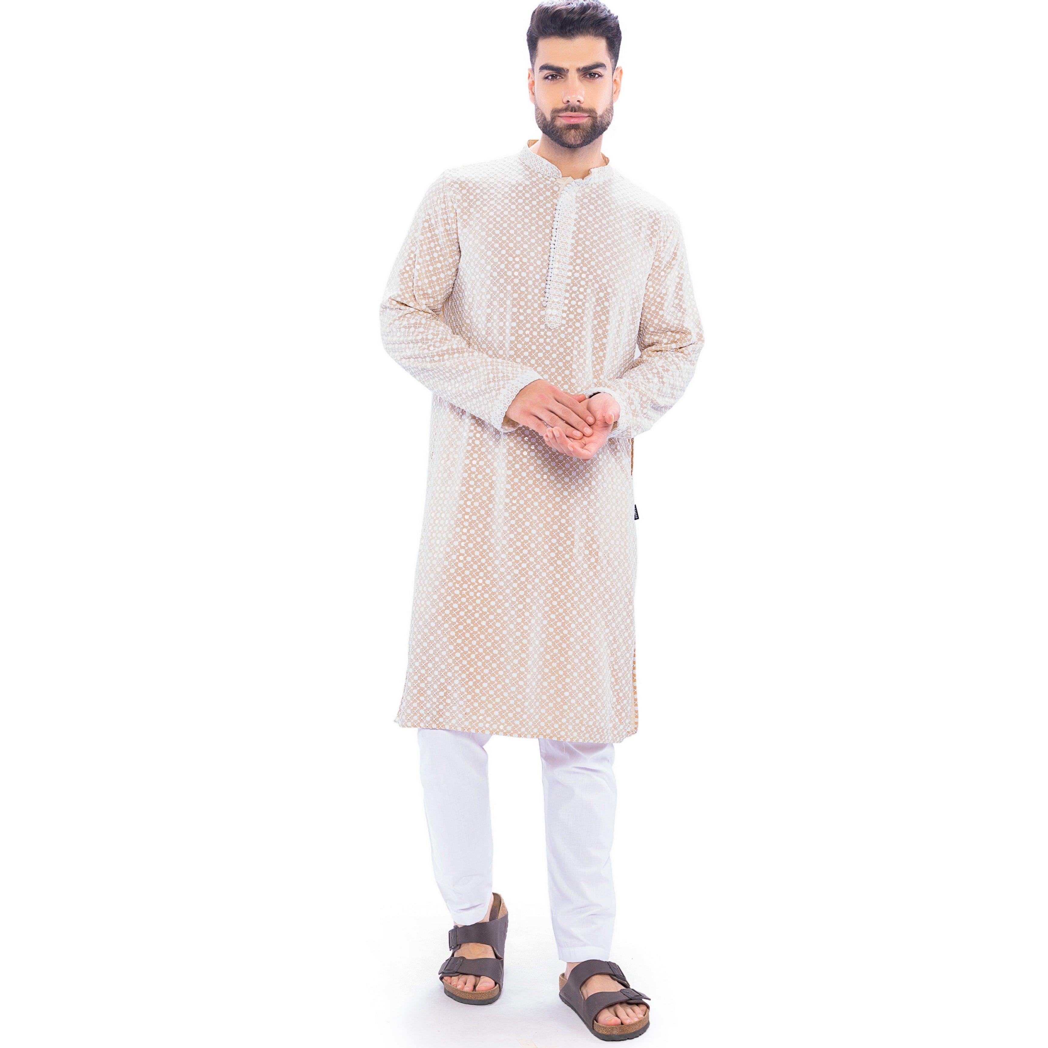 Haydos Chikan Kari Kurta Set Beige Men - Mashroo