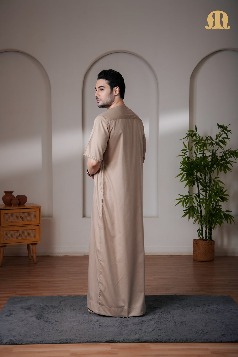 Beige Andak Half Sleeve Thobe Mens