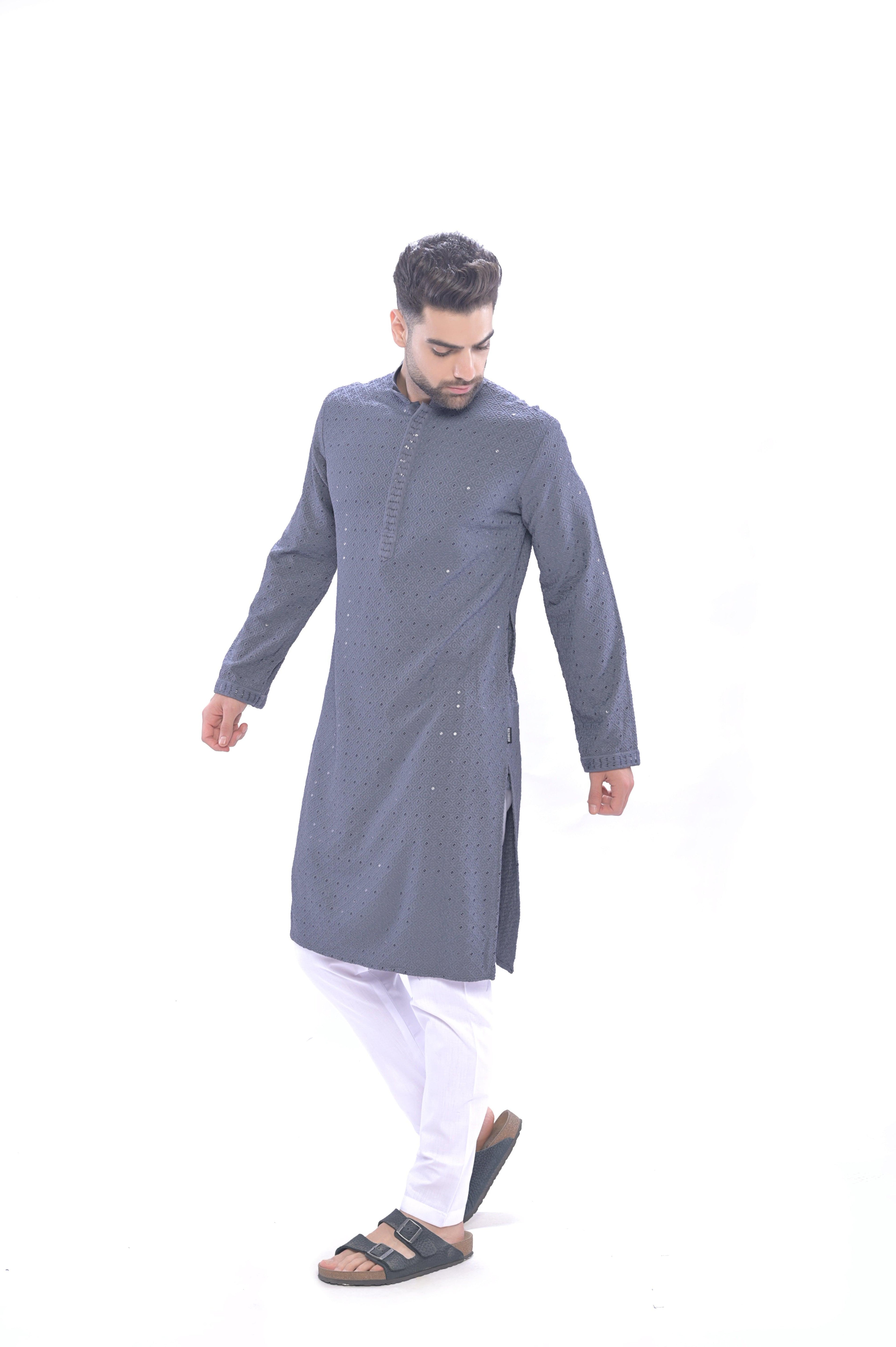 Haydos Chikan Kari Kurta Set Grey Men - Mashroo