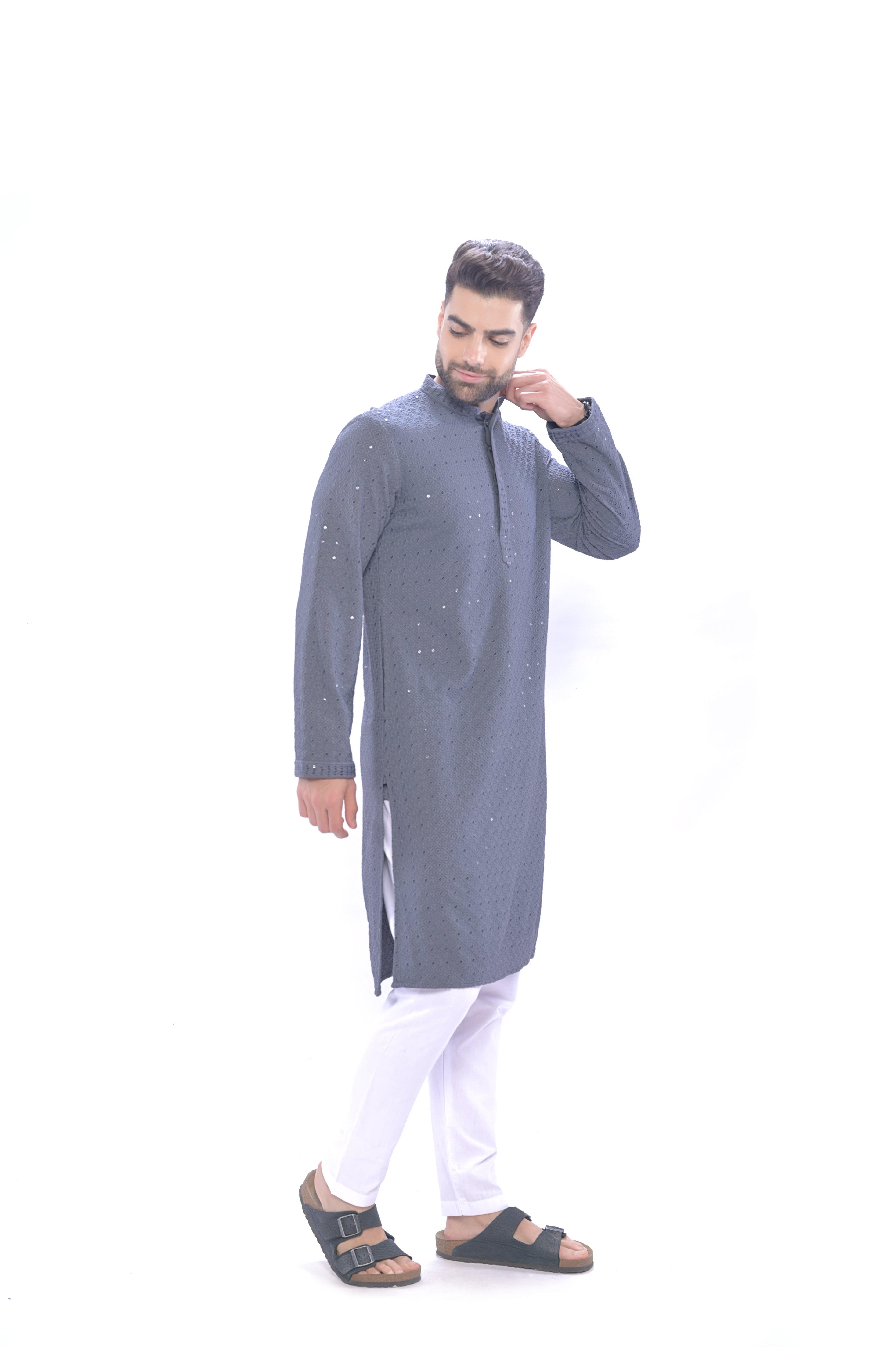 Haydos Chikan Kari Kurta Set Grey Men - Mashroo