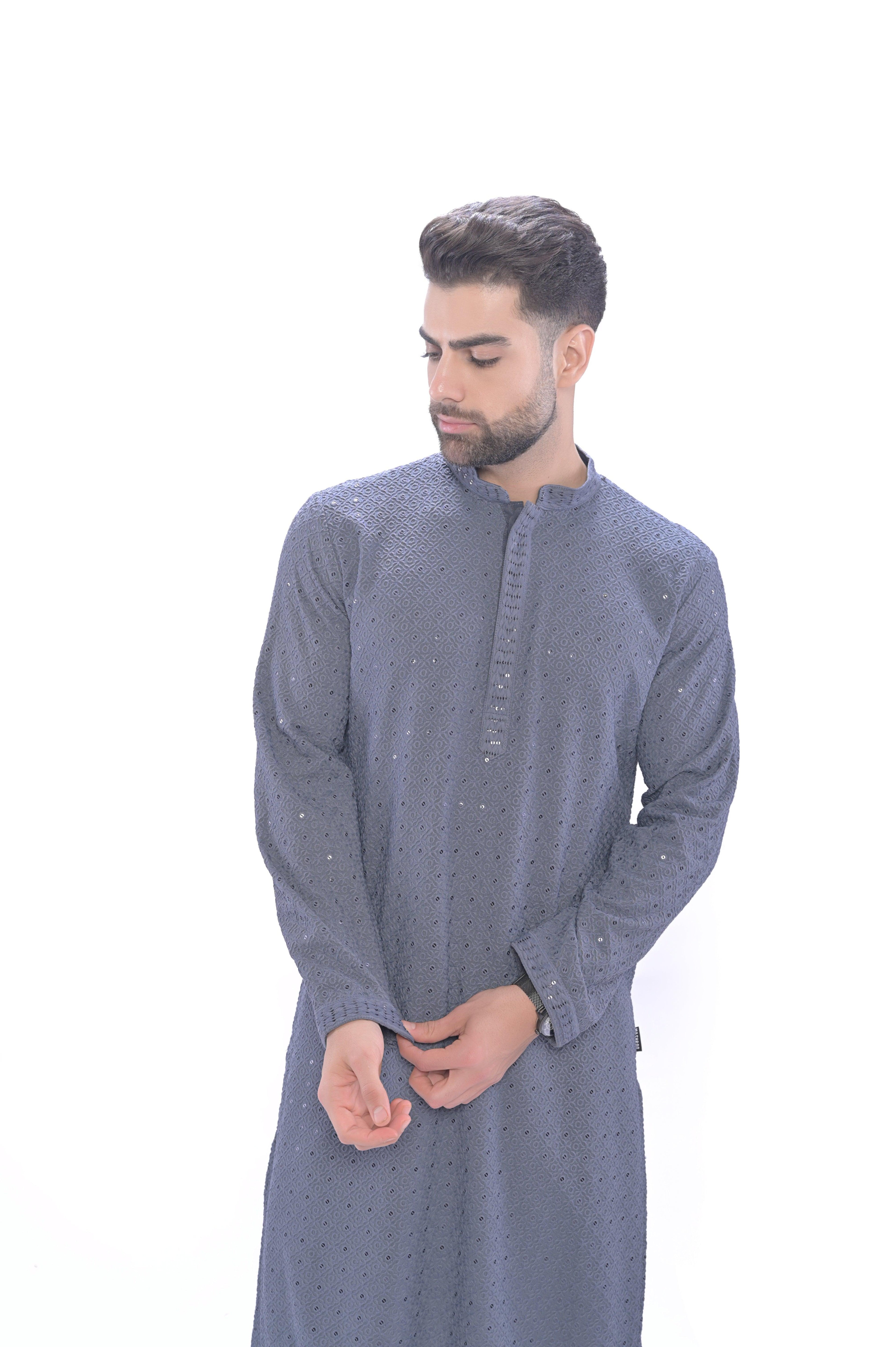 Haydos Chikan Kari Kurta Set Grey Men - Mashroo