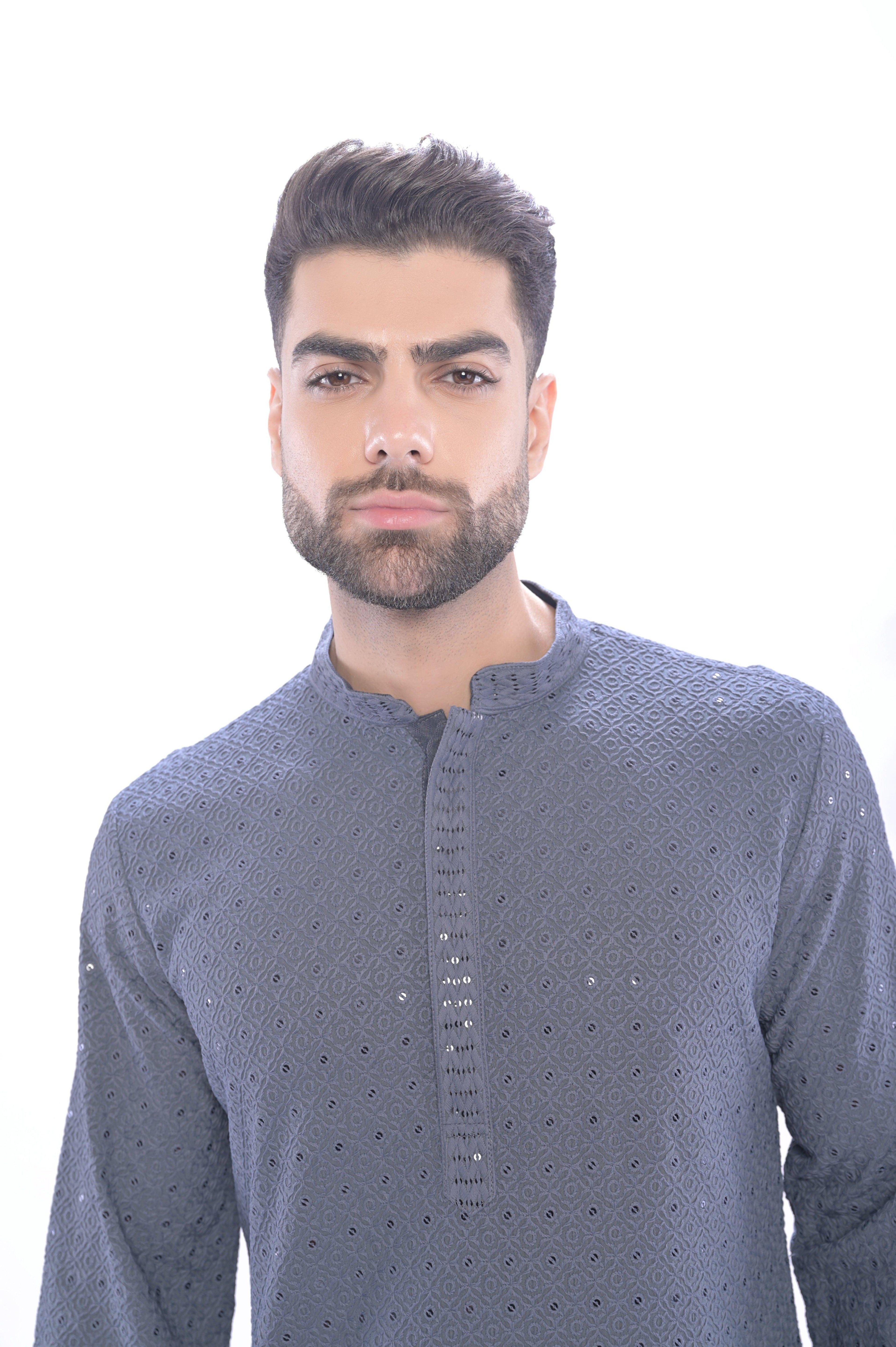Haydos Chikan Kari Kurta Set Grey Men - Mashroo