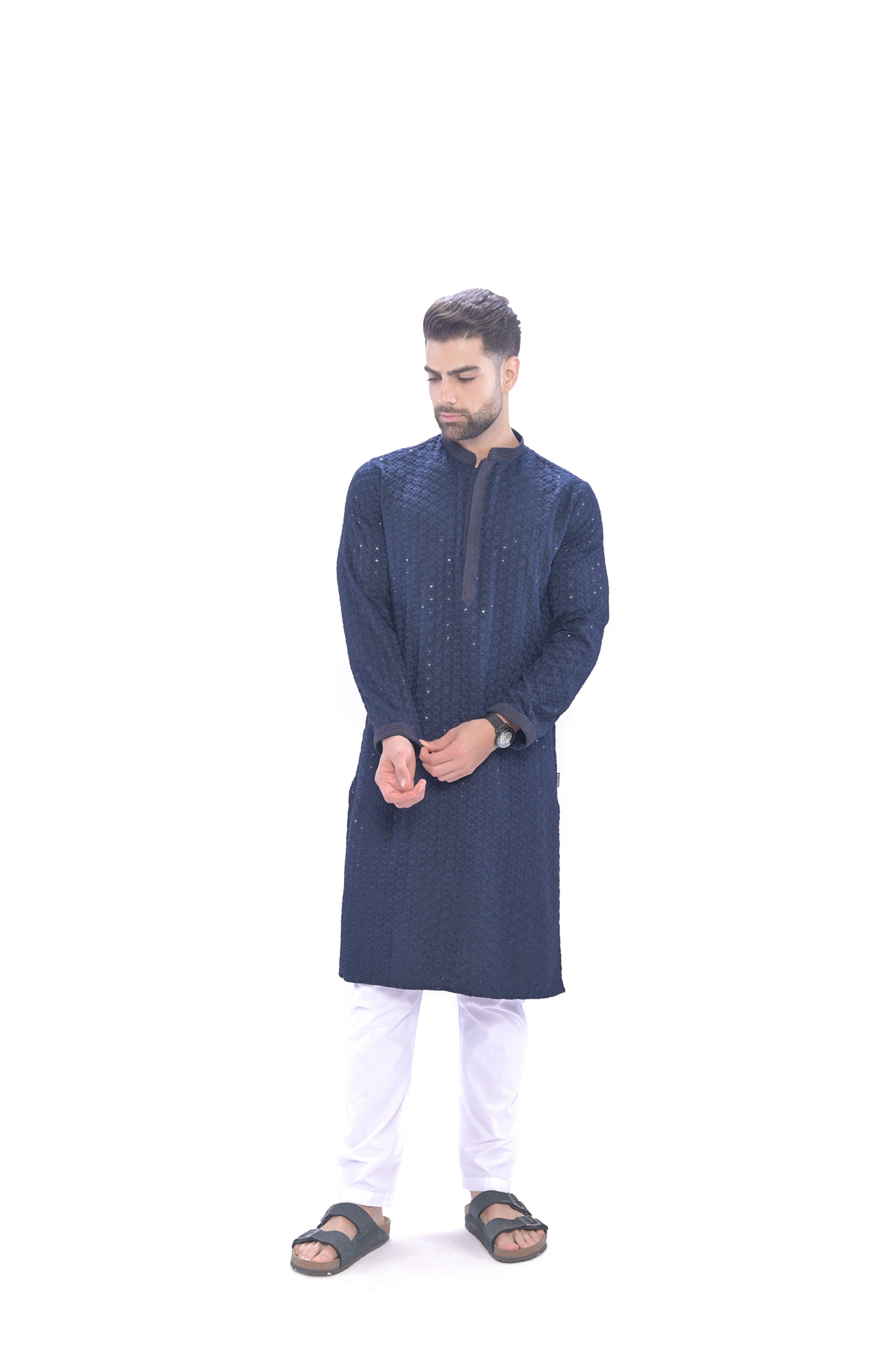 Haydos Chikan Kari Kurta Set Navy Men - Mashroo