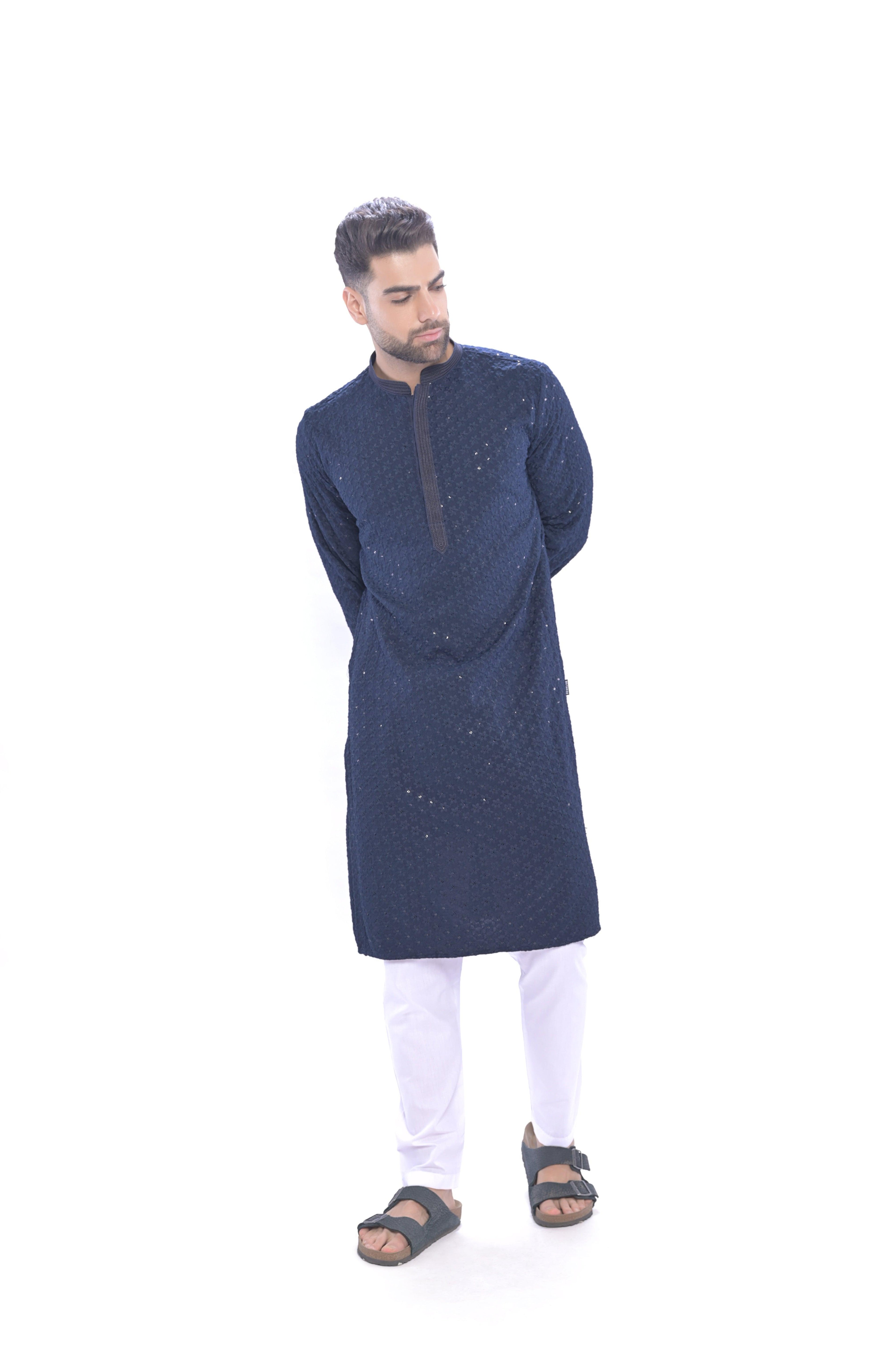 Haydos Chikan Kari Kurta Set Navy Men - Mashroo