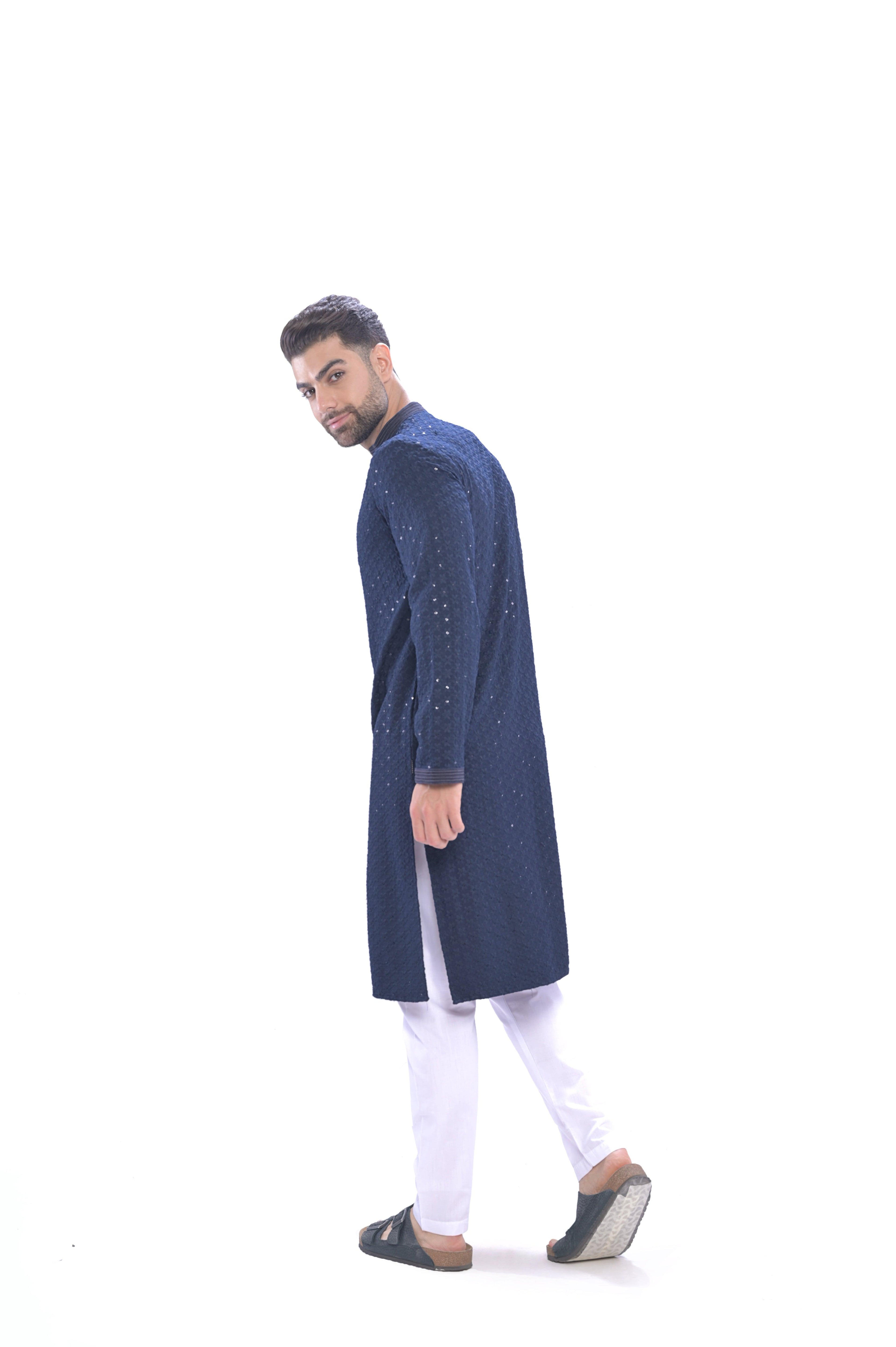 Haydos Chikan Kari Kurta Set Navy Men - Mashroo