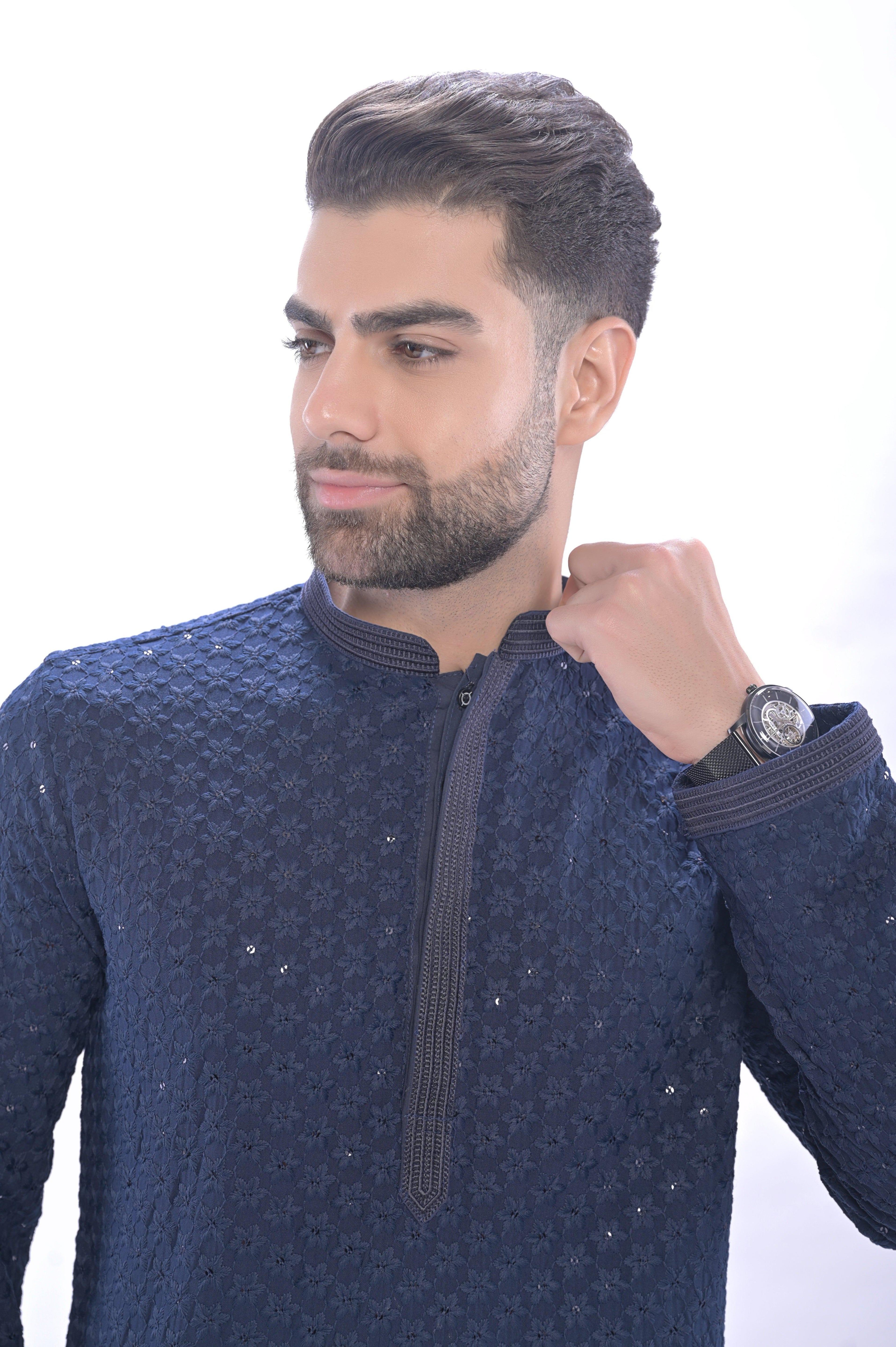 Haydos Chikan Kari Kurta Set Navy Men - Mashroo