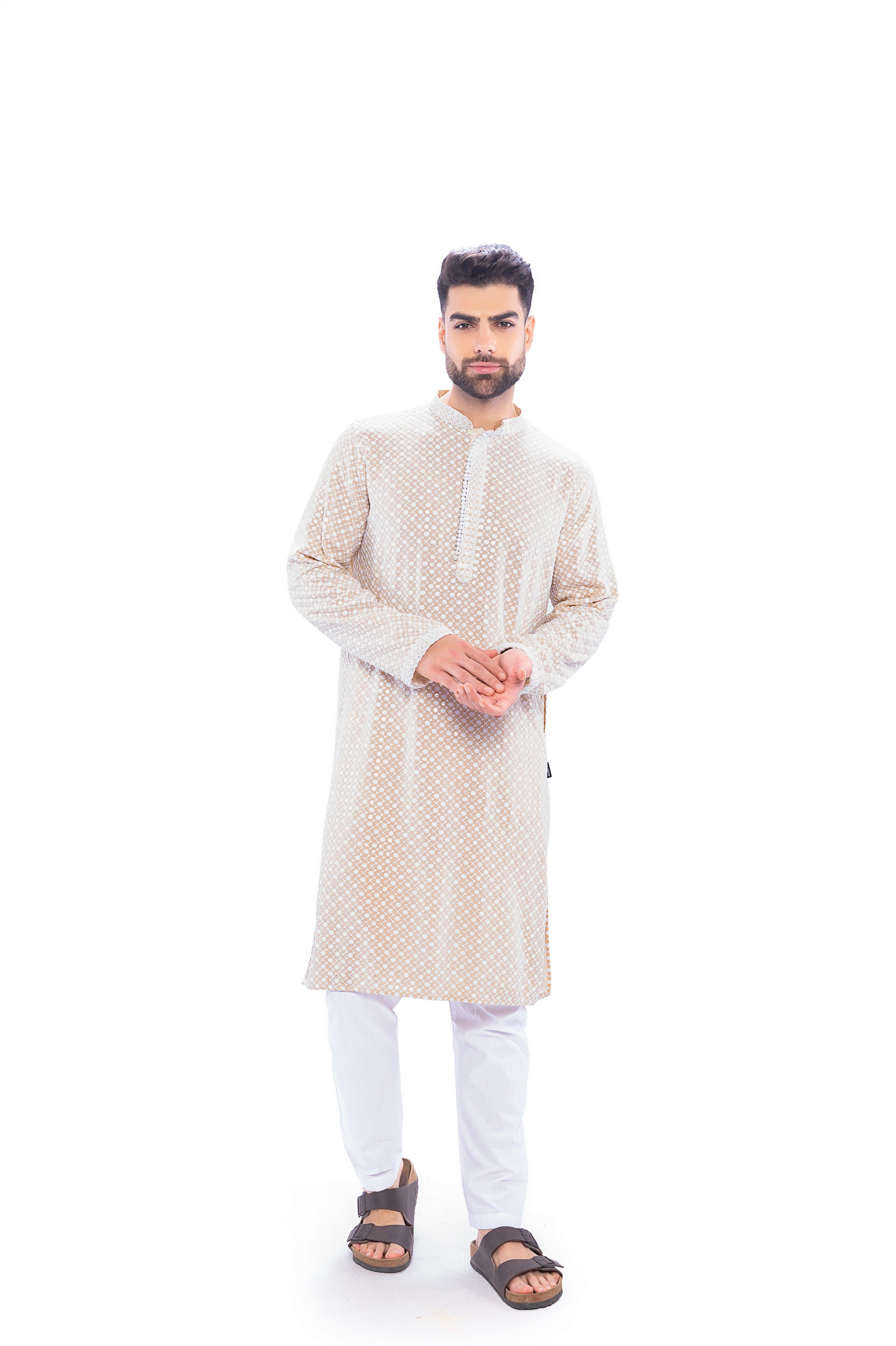 Haydos Chikan Kari Kurta Set Beige Men - Mashroo