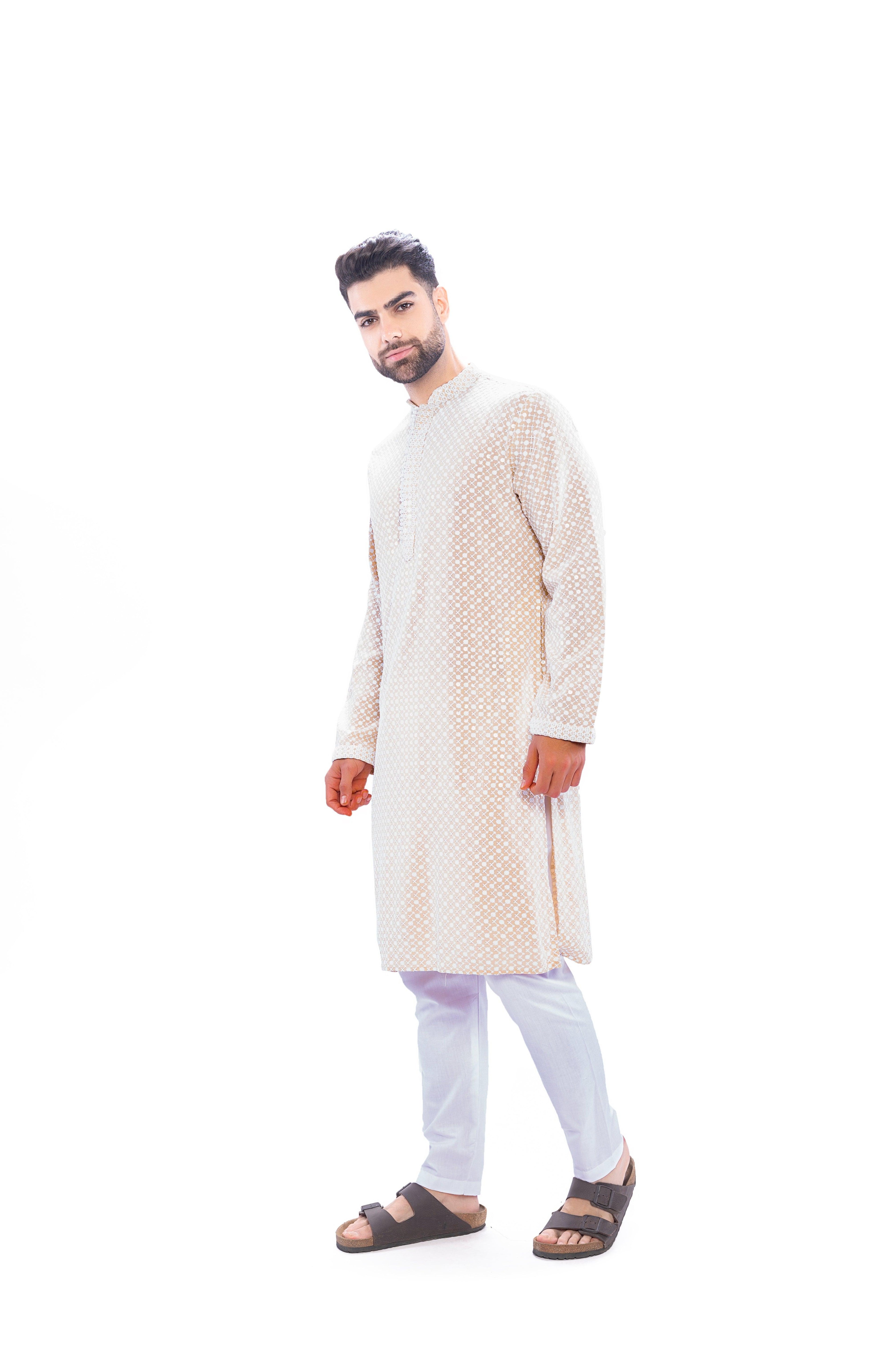 Haydos Chikan Kari Kurta Set Beige Men - Mashroo