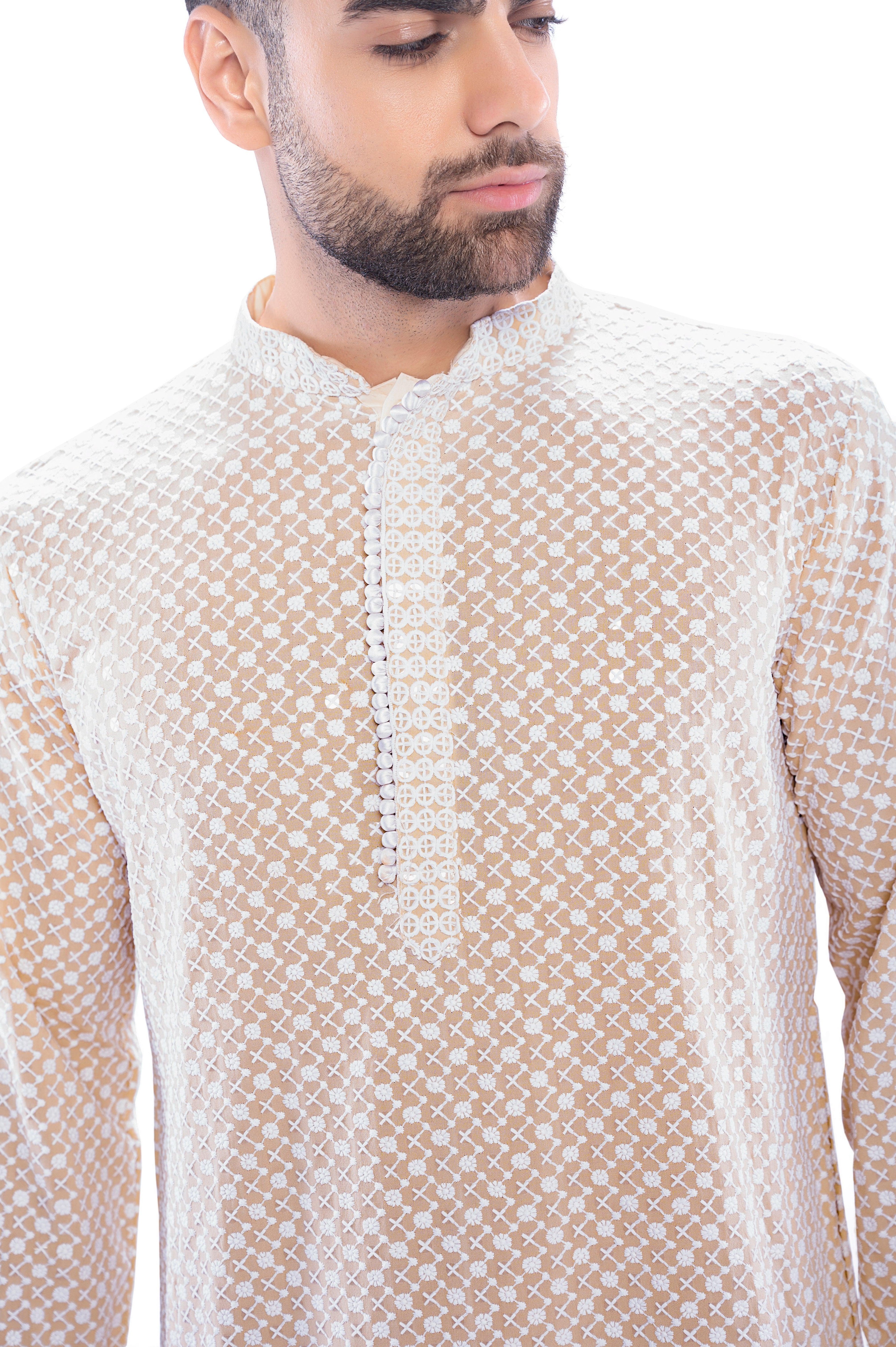 Haydos Chikan Kari Kurta Set Beige Men - Mashroo
