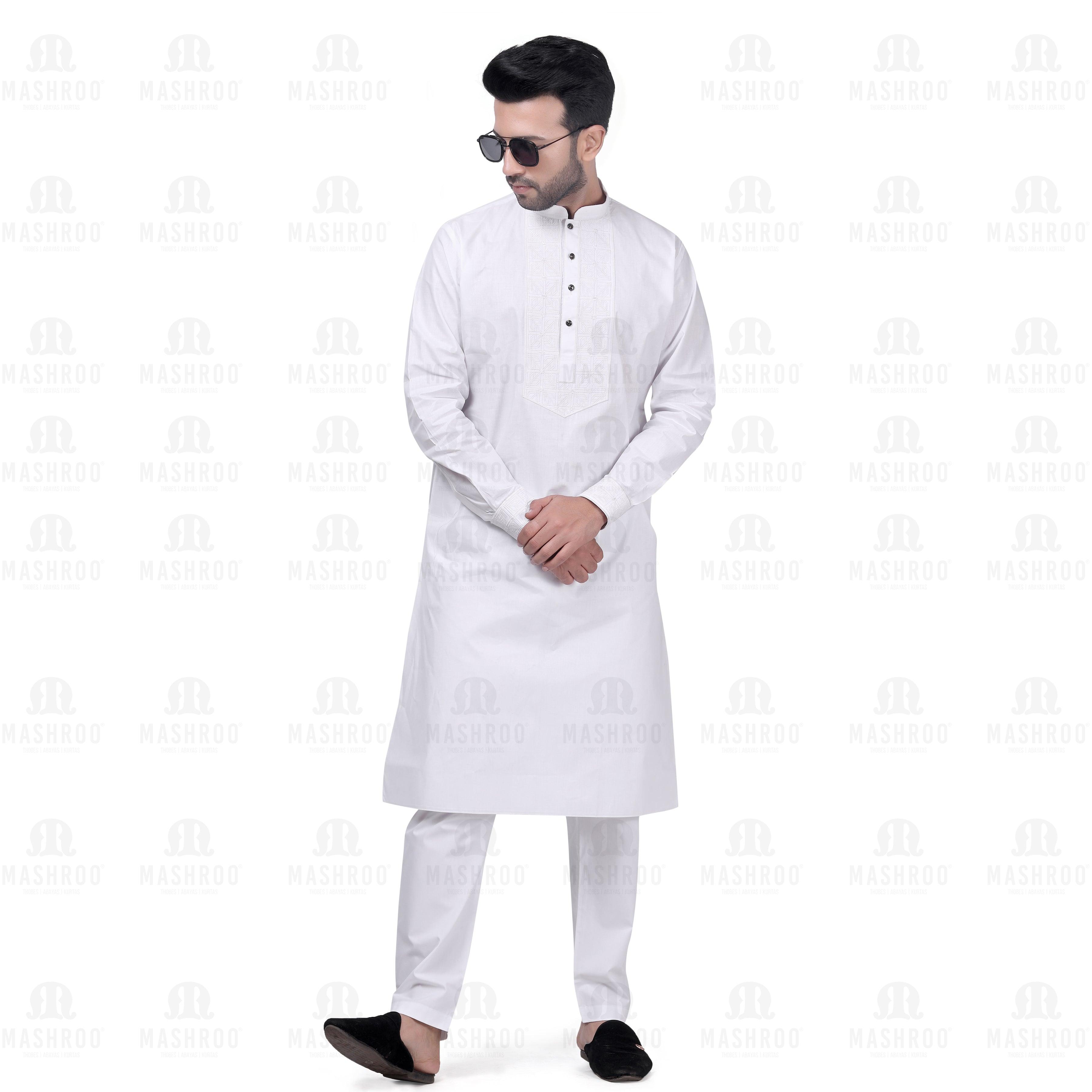 Yuksek Geometric Kurta Set Men White - Mashroo