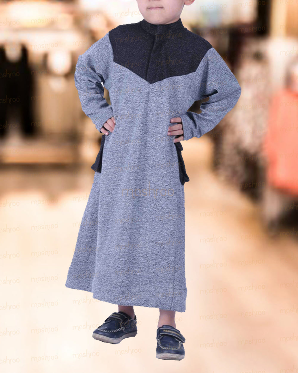 Grey & Black Thumbhole Thobe for Kids